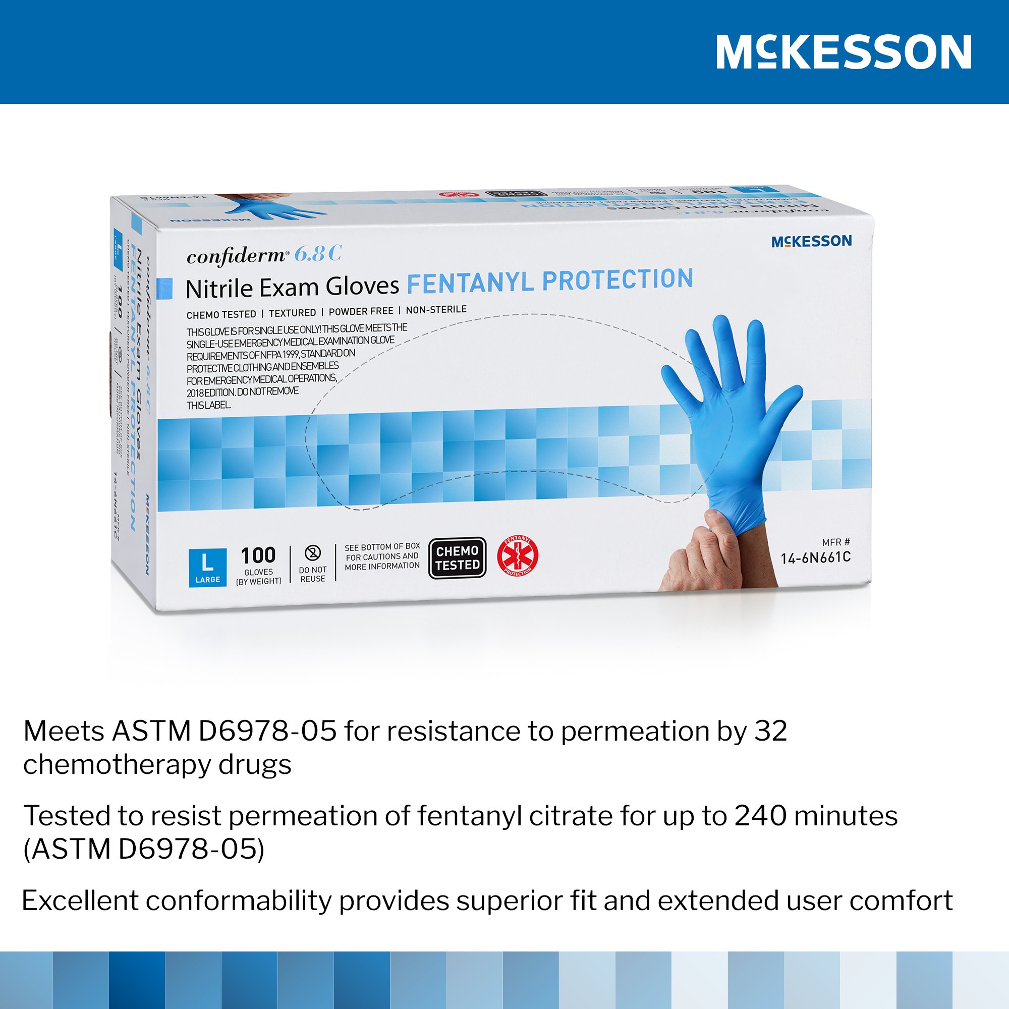 McKesson Brand 14-6N661C - McKesson Confiderm® 6.8C Nitrile Exam Glove, Large, Blue - 100/Box, 1000/Case