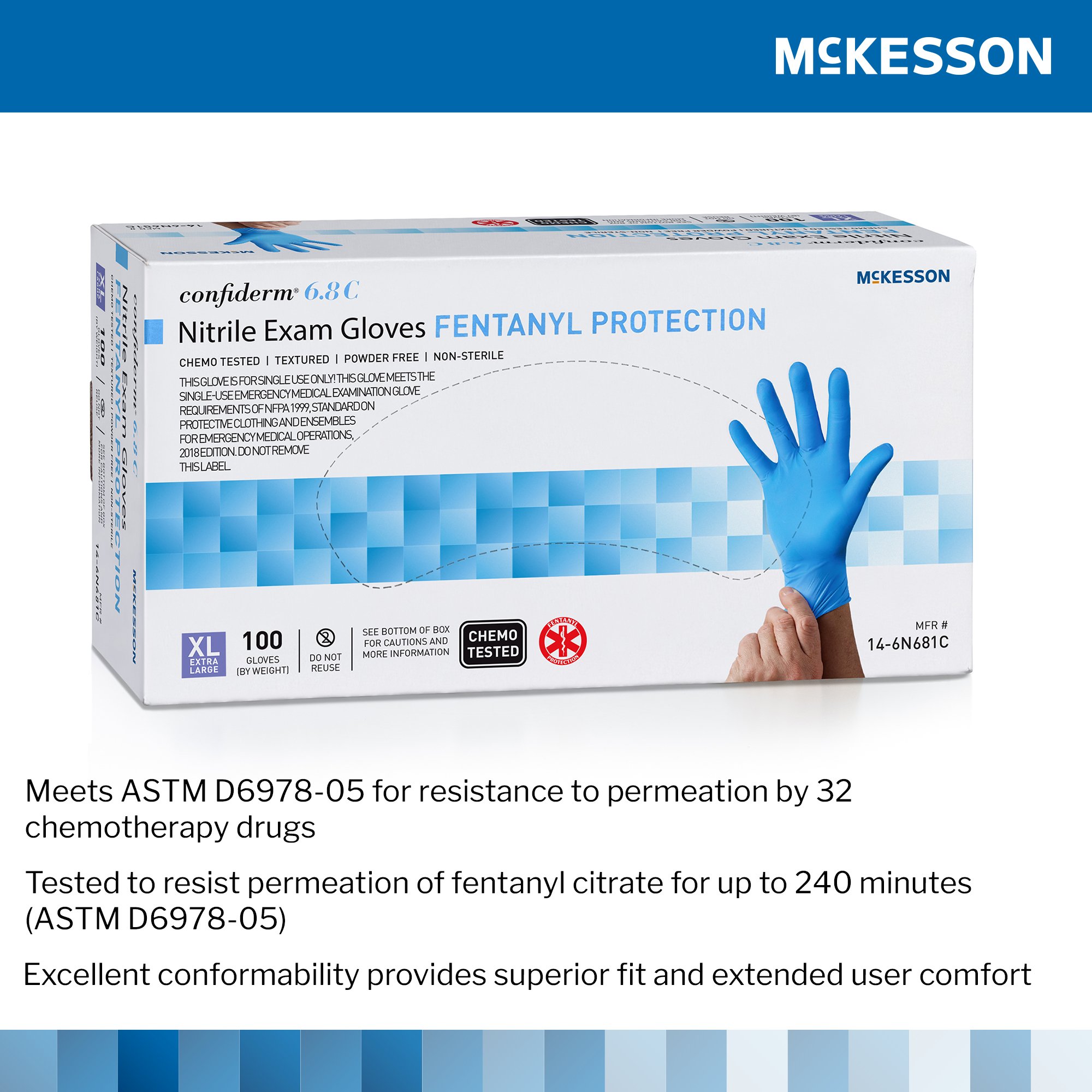 McKesson Brand 14-6N681C - McKesson Confiderm® 6.8C Nitrile Exam Glove, X-Large, Blue - 100/Box, 1000/Case