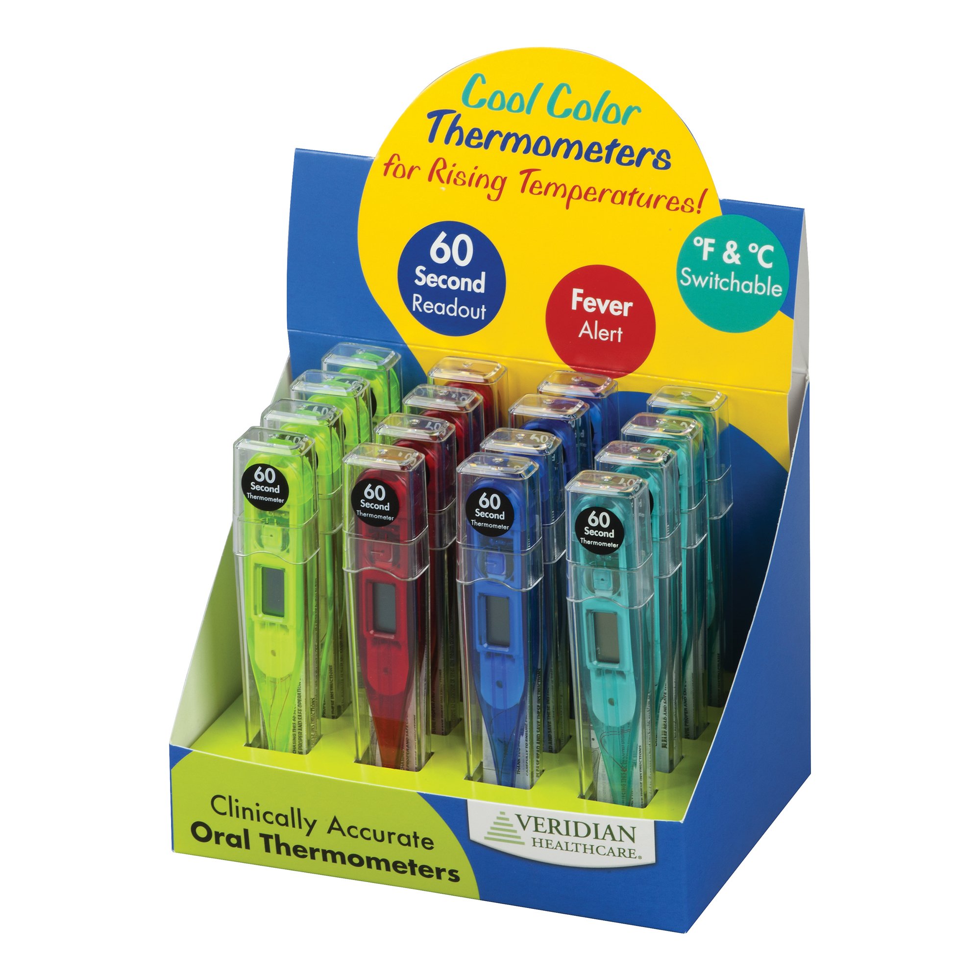 Veridian Healthcare LLC 08-301VC - 60 Second Digital Thermometers, 16 Piece Display - 16/Pack, 128/Case