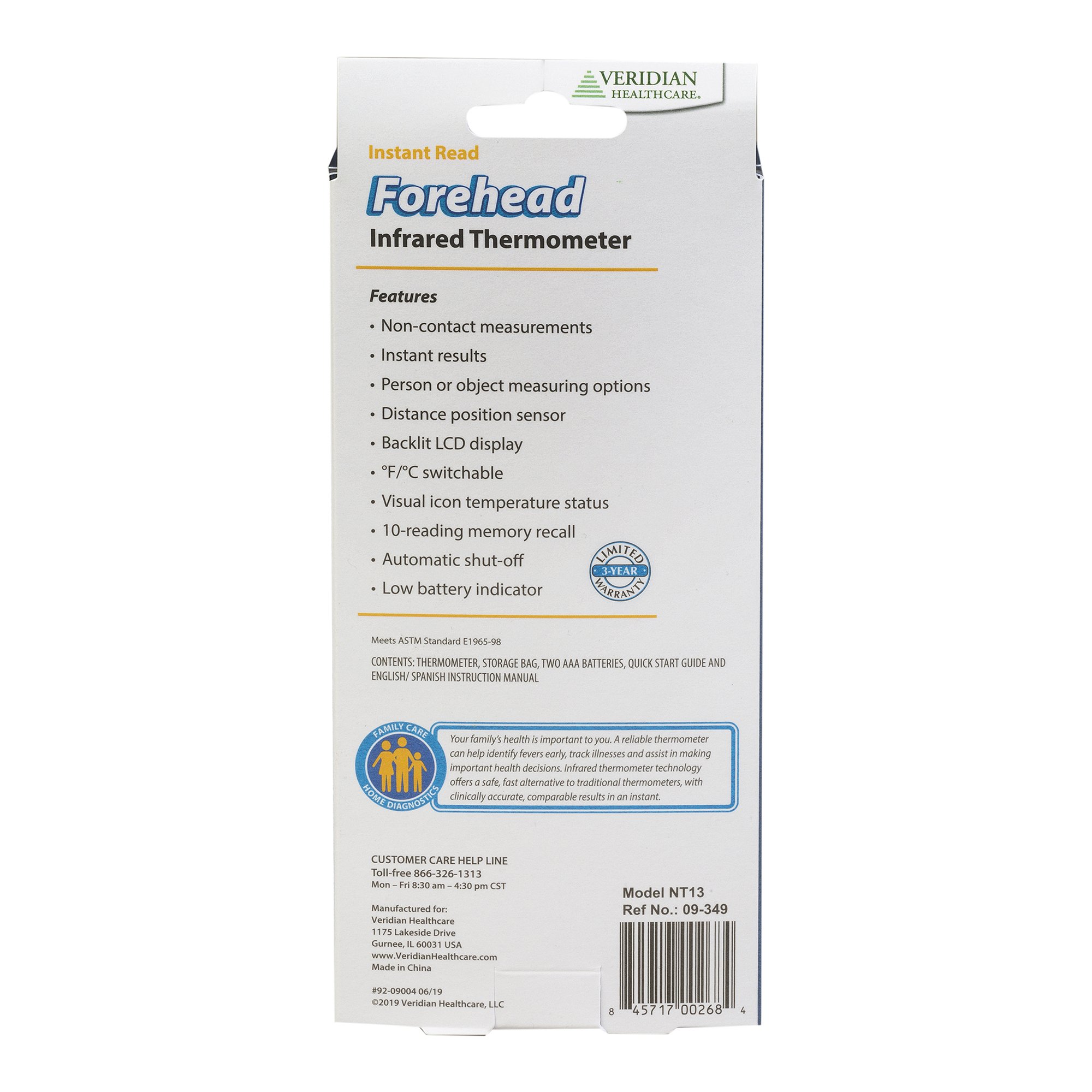 Veridian Healthcare LLC 09-349 - Veridian Non-Contact Infrared Forehead Thermometer - 1/Each, 24/Case