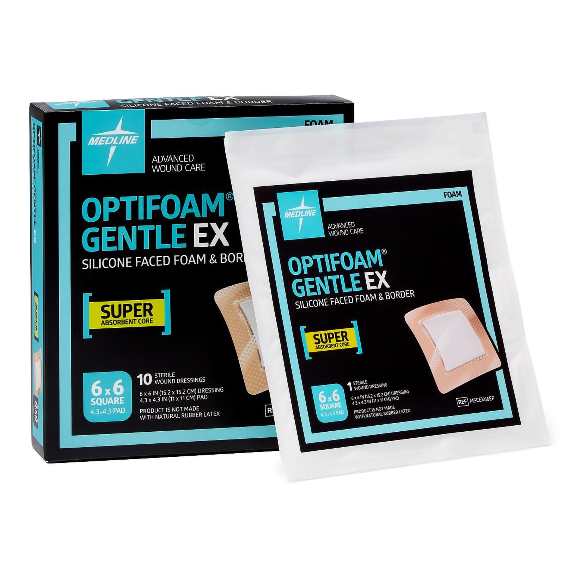 Medline - MSCEX66EP Foam Dressing Optifoam® Gentle EX 6 X 6 Inch With Border Waterproof Backing Silicone Face and Border Square Sterile