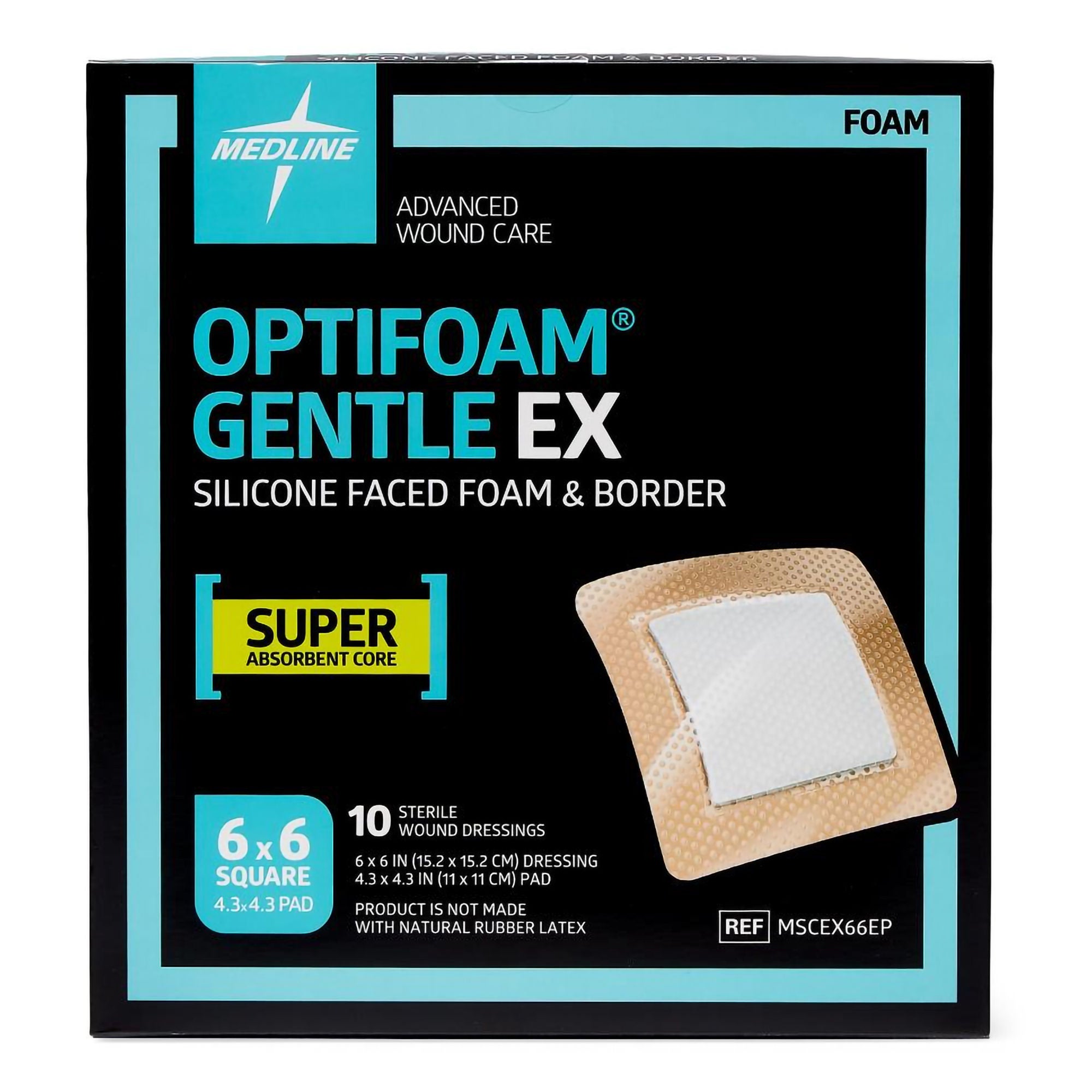 Medline - MSCEX66EP Foam Dressing Optifoam® Gentle EX 6 X 6 Inch With Border Waterproof Backing Silicone Face and Border Square Sterile