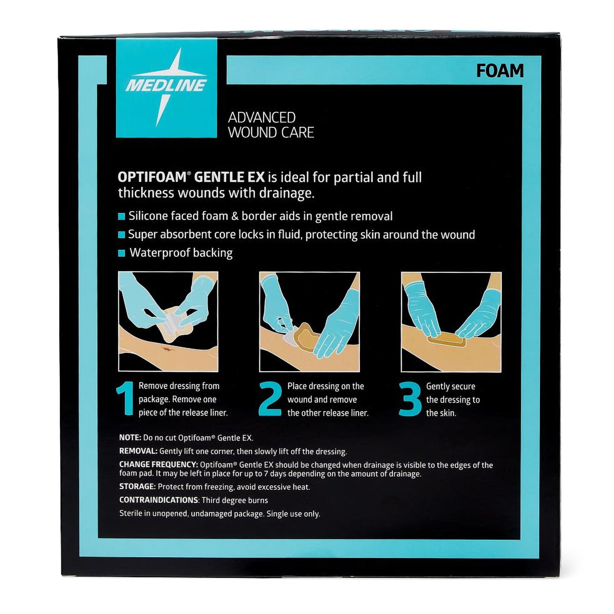Medline - MSCEX66EP Foam Dressing Optifoam® Gentle EX 6 X 6 Inch With Border Waterproof Backing Silicone Face and Border Square Sterile
