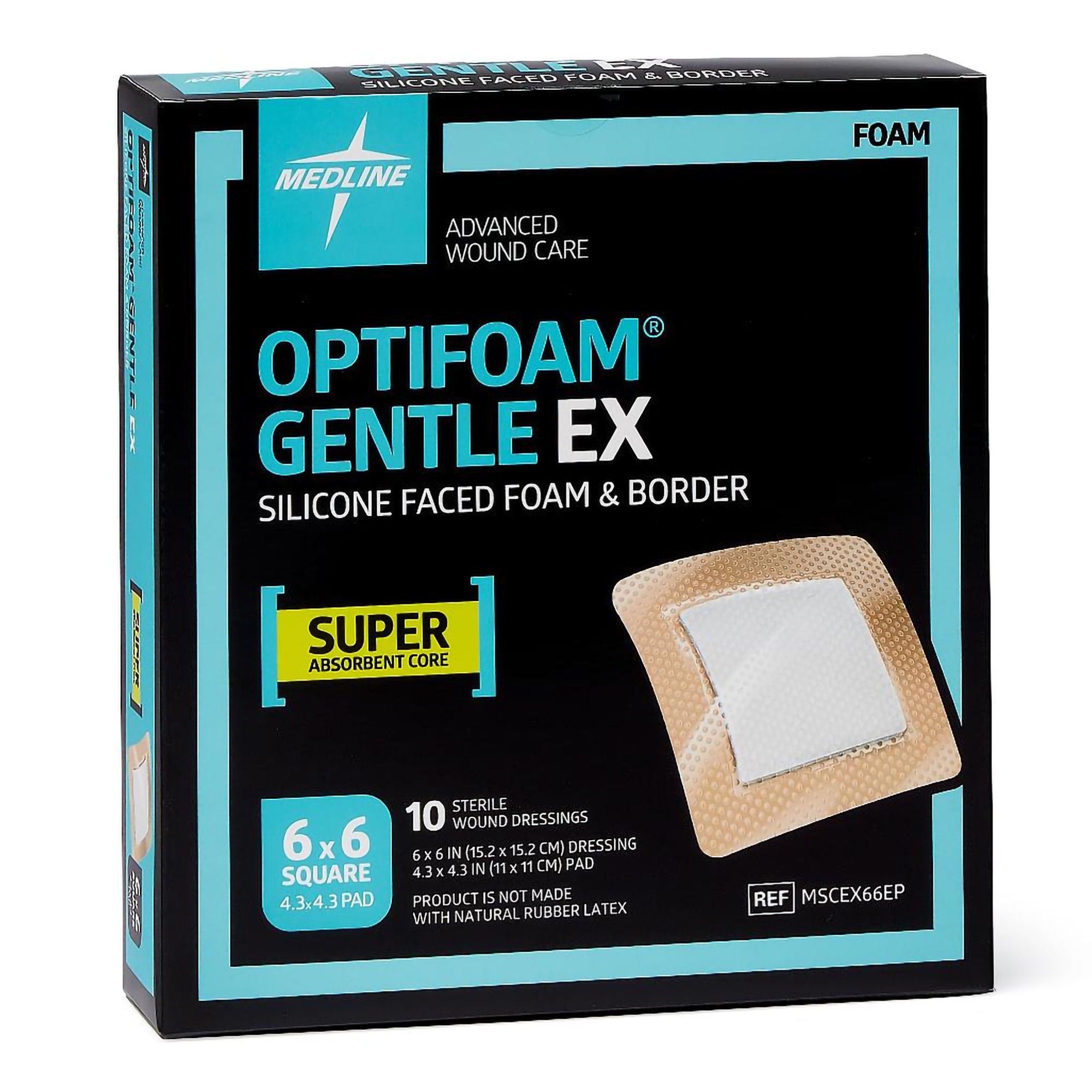Medline - MSCEX66EP Foam Dressing Optifoam® Gentle EX 6 X 6 Inch With Border Waterproof Backing Silicone Face and Border Square Sterile