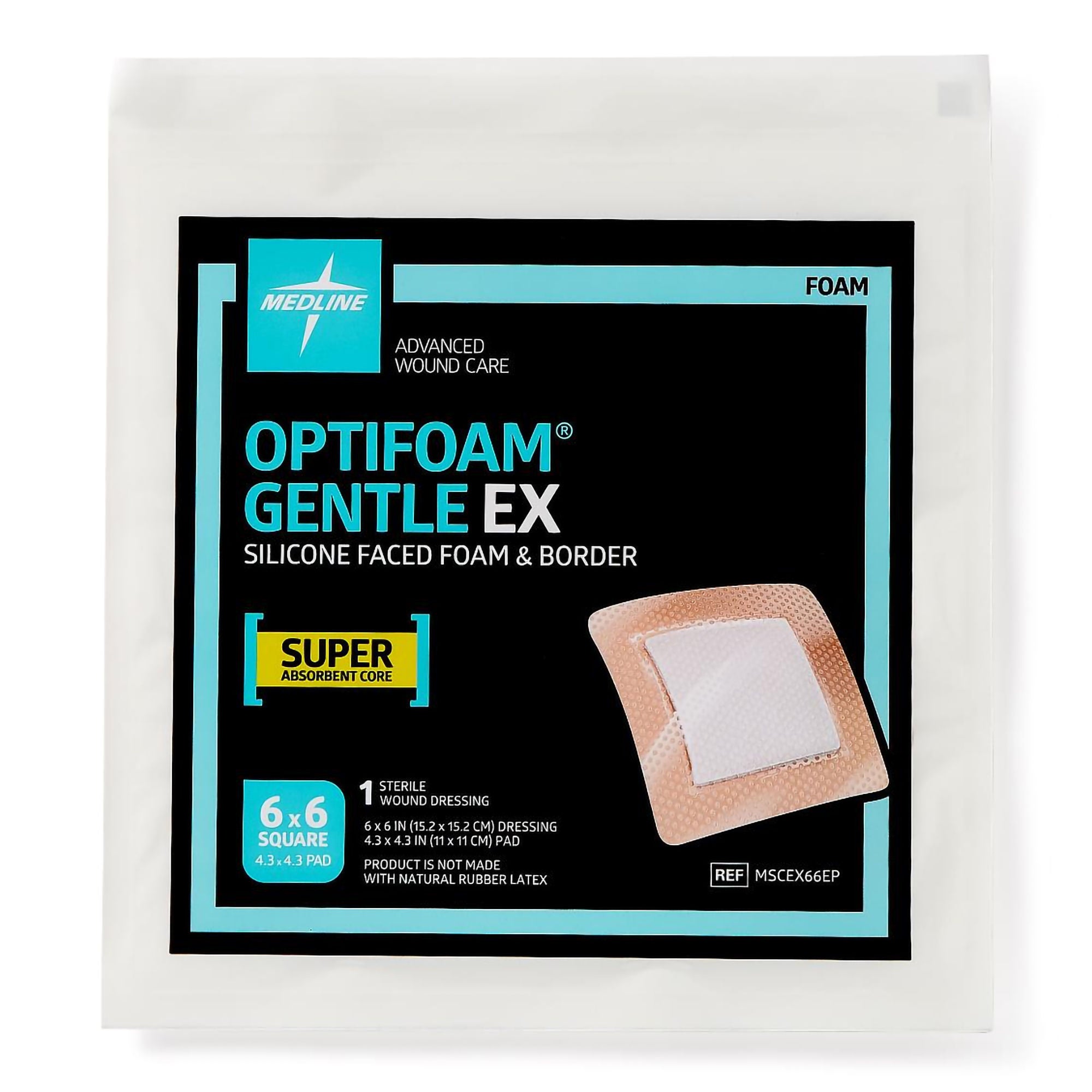 Medline - MSCEX66EP Foam Dressing Optifoam® Gentle EX 6 X 6 Inch With Border Waterproof Backing Silicone Face and Border Square Sterile
