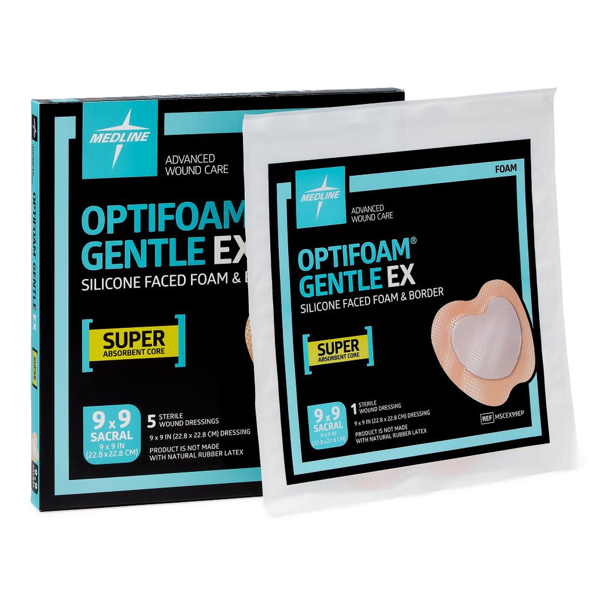 Medline - MSCEX99EP Foam Dressing Optifoam® Gentle EX 9 X 9 Inch With Border Waterproof Backing Silicone Face and Border Sacral Sterile