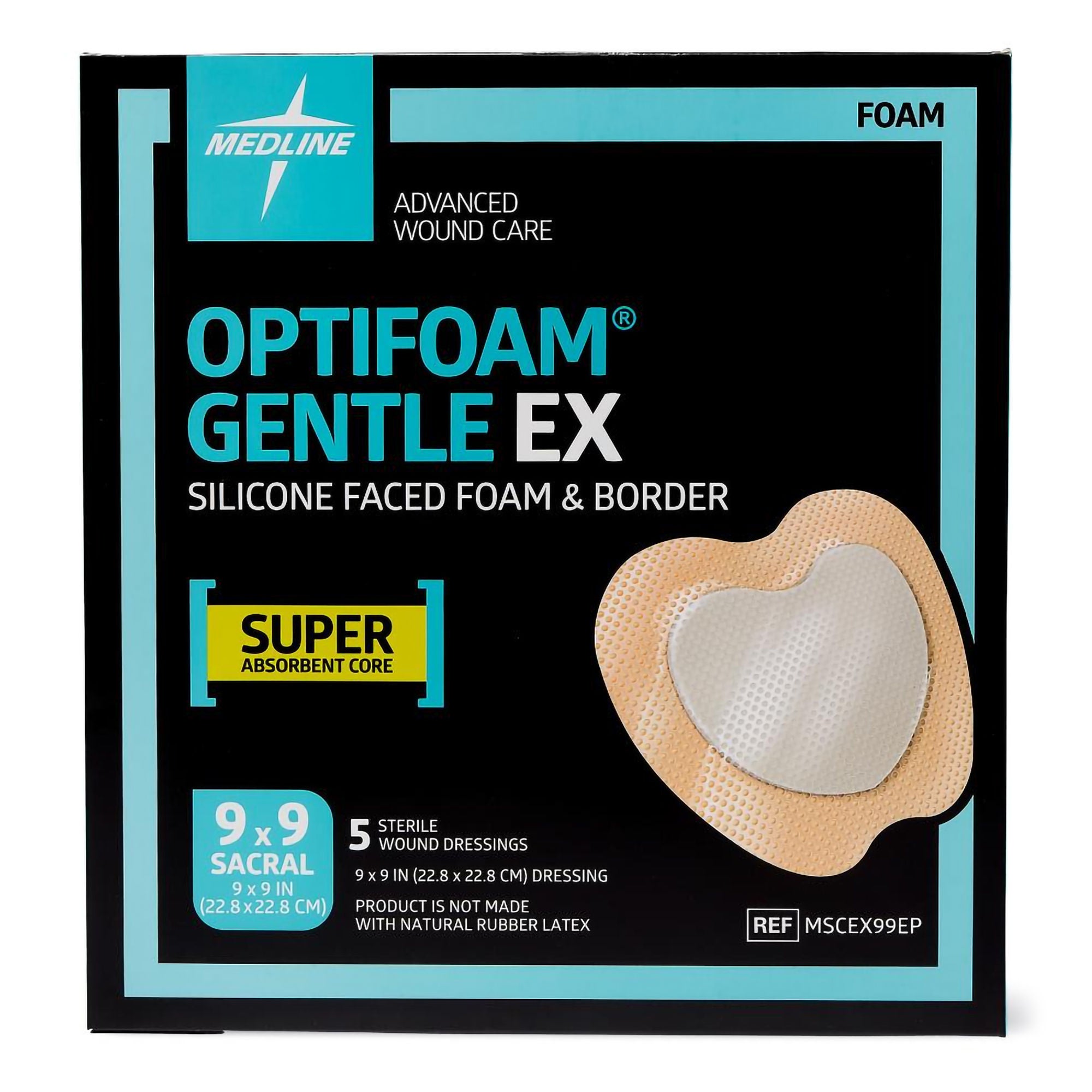 Medline - MSCEX99EP Foam Dressing Optifoam® Gentle EX 9 X 9 Inch With Border Waterproof Backing Silicone Face and Border Sacral Sterile