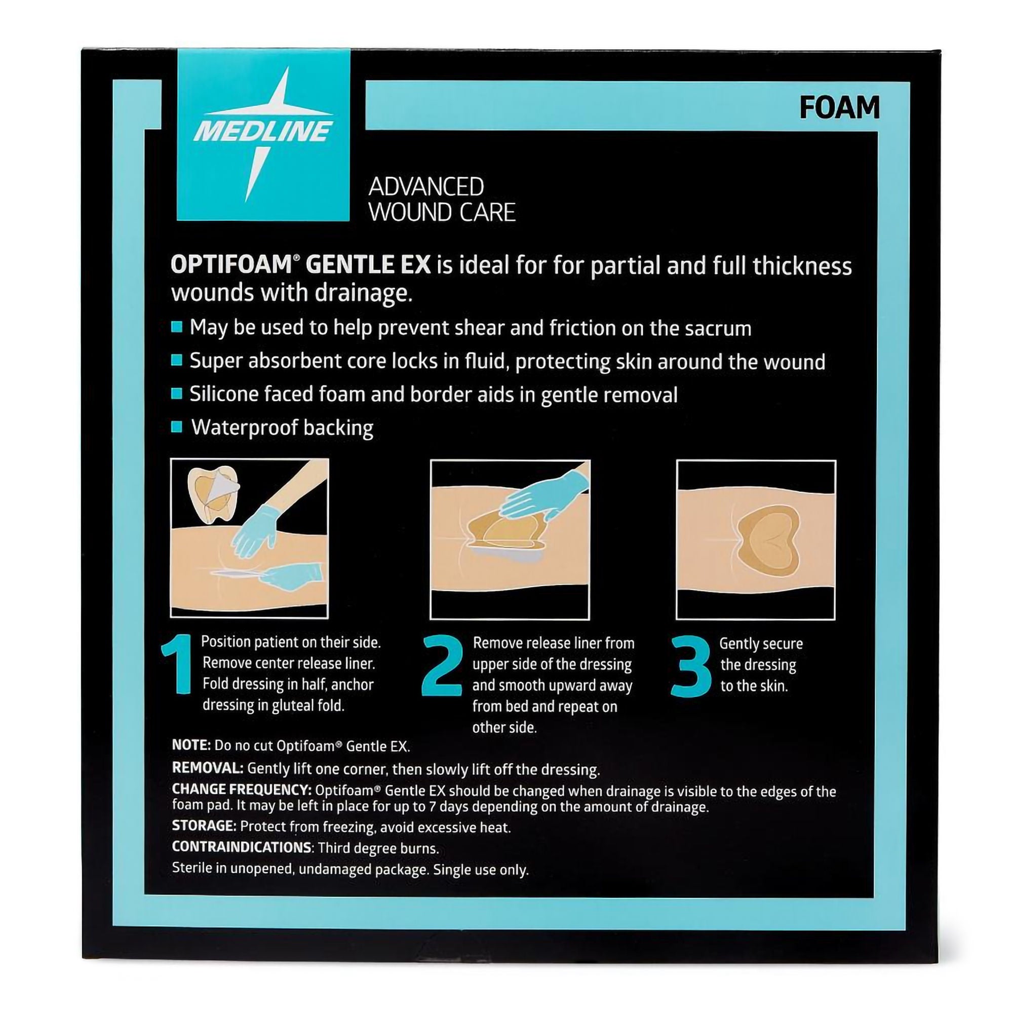 Medline - MSCEX99EP Foam Dressing Optifoam® Gentle EX 9 X 9 Inch With Border Waterproof Backing Silicone Face and Border Sacral Sterile