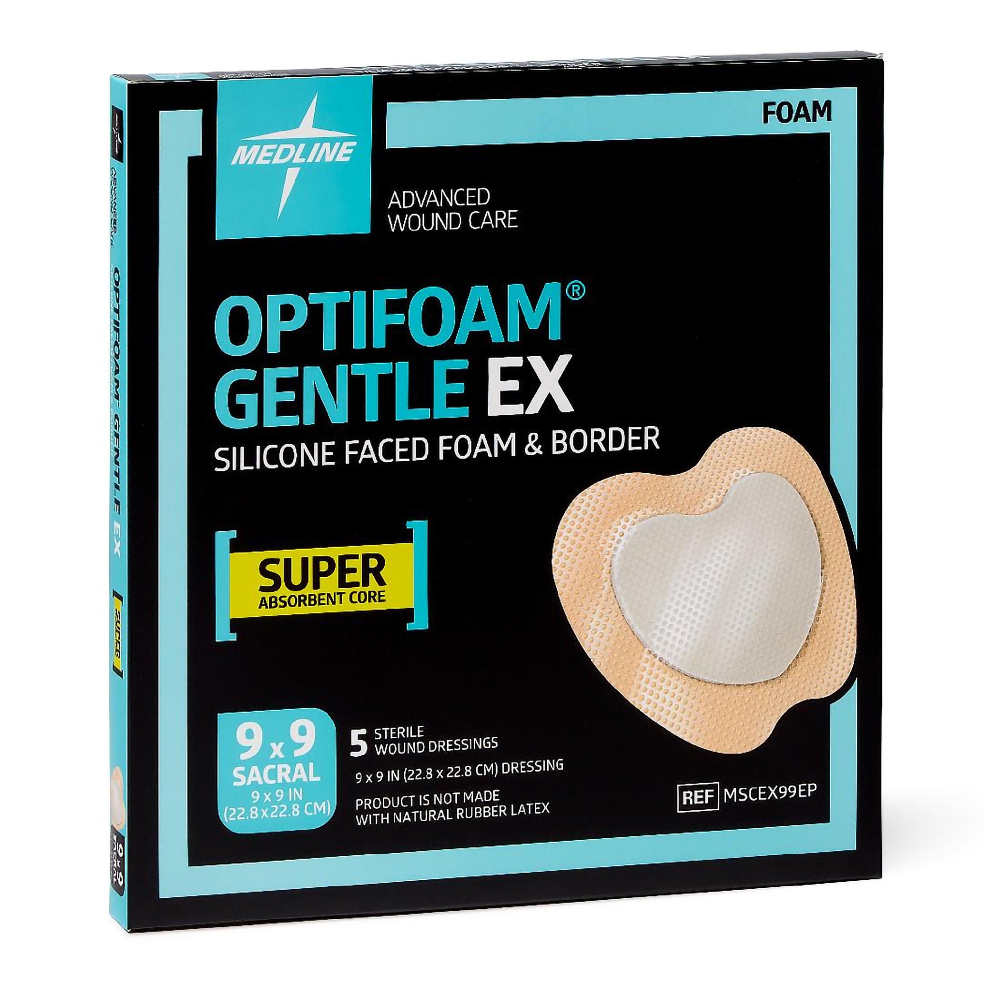Medline - MSCEX99EP Foam Dressing Optifoam® Gentle EX 9 X 9 Inch With Border Waterproof Backing Silicone Face and Border Sacral Sterile