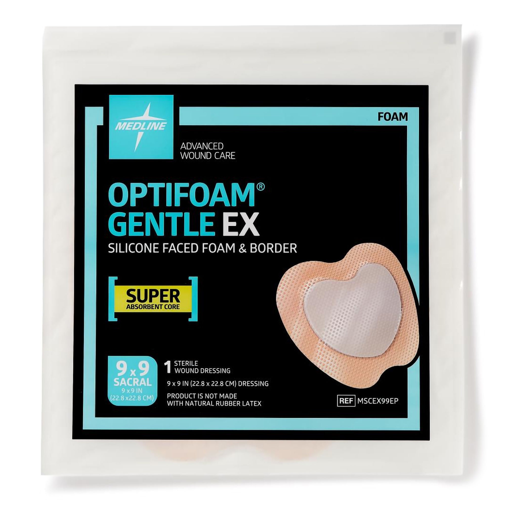 Medline - MSCEX99EP Foam Dressing Optifoam® Gentle EX 9 X 9 Inch With Border Waterproof Backing Silicone Face and Border Sacral Sterile