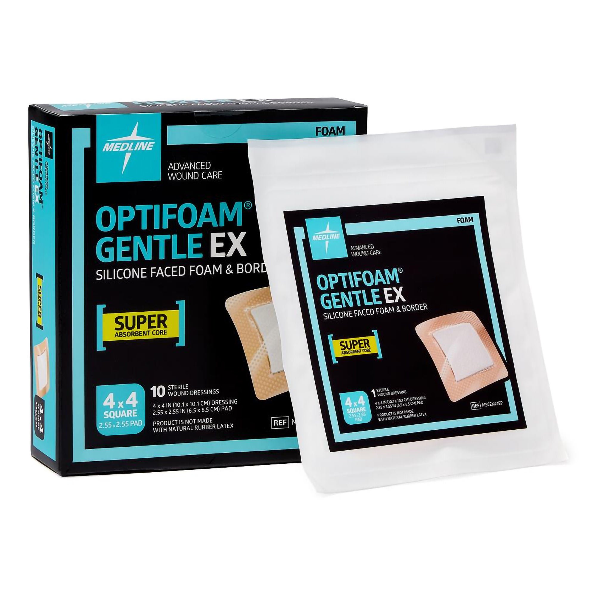 Medline - MSCEX44EP Foam Dressing Optifoam® Gentle EX 4 X 4 Inch With Border Waterproof Backing Silicone Face and Border Square Sterile