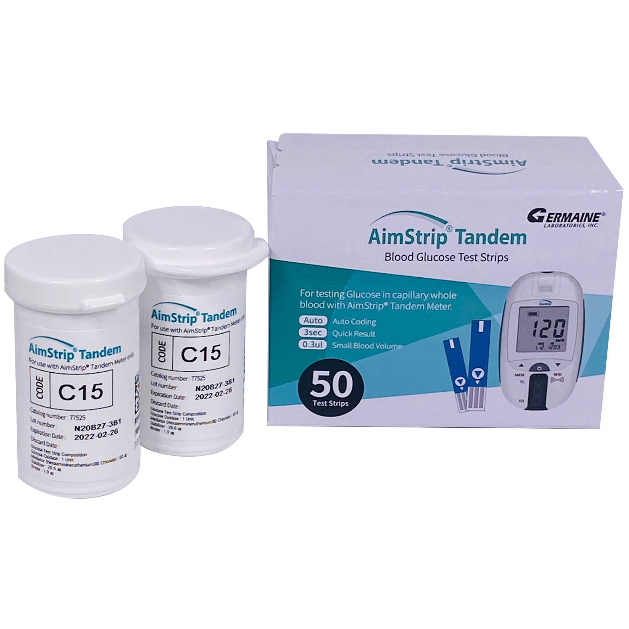Germaine Laboratories Inc - 77550 Blood Glucose Test Strips AimStrip® 50 Strips per Pack For use with AimStrip™ TANDEM Measuring System