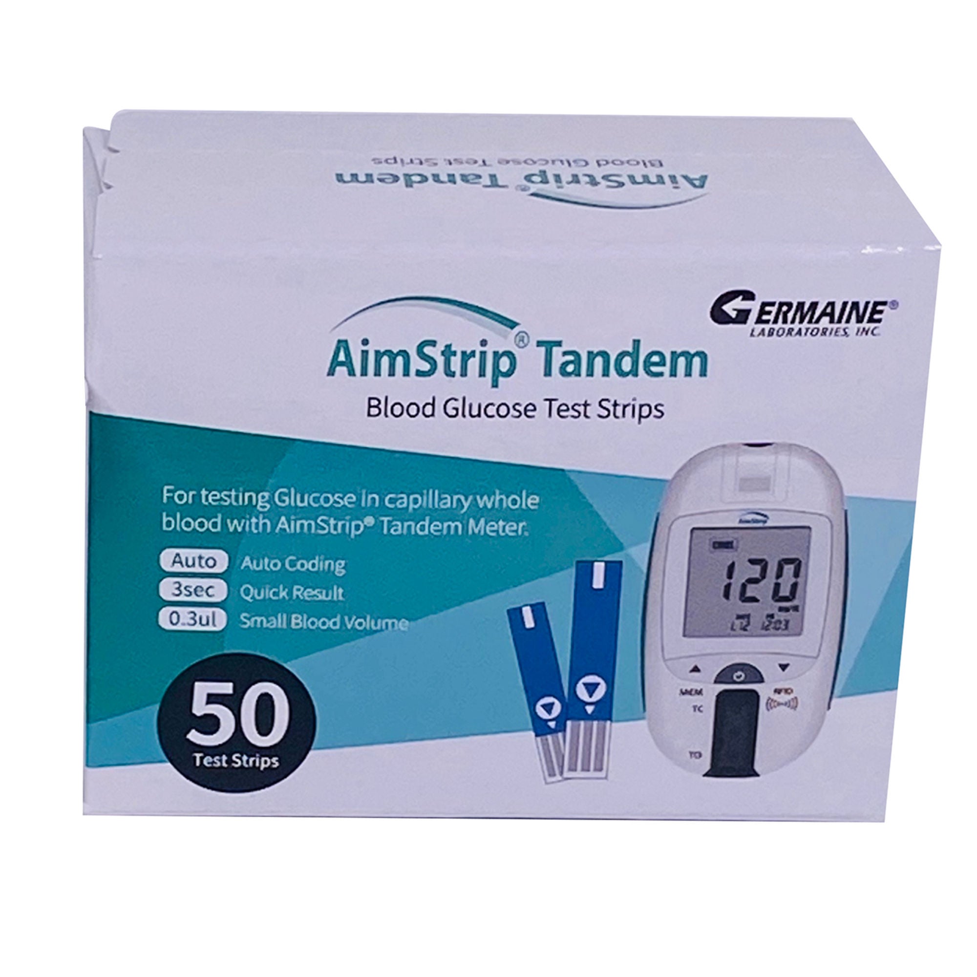 Germaine Laboratories Inc - 77550 Blood Glucose Test Strips AimStrip® 50 Strips per Pack For use with AimStrip™ TANDEM Measuring System