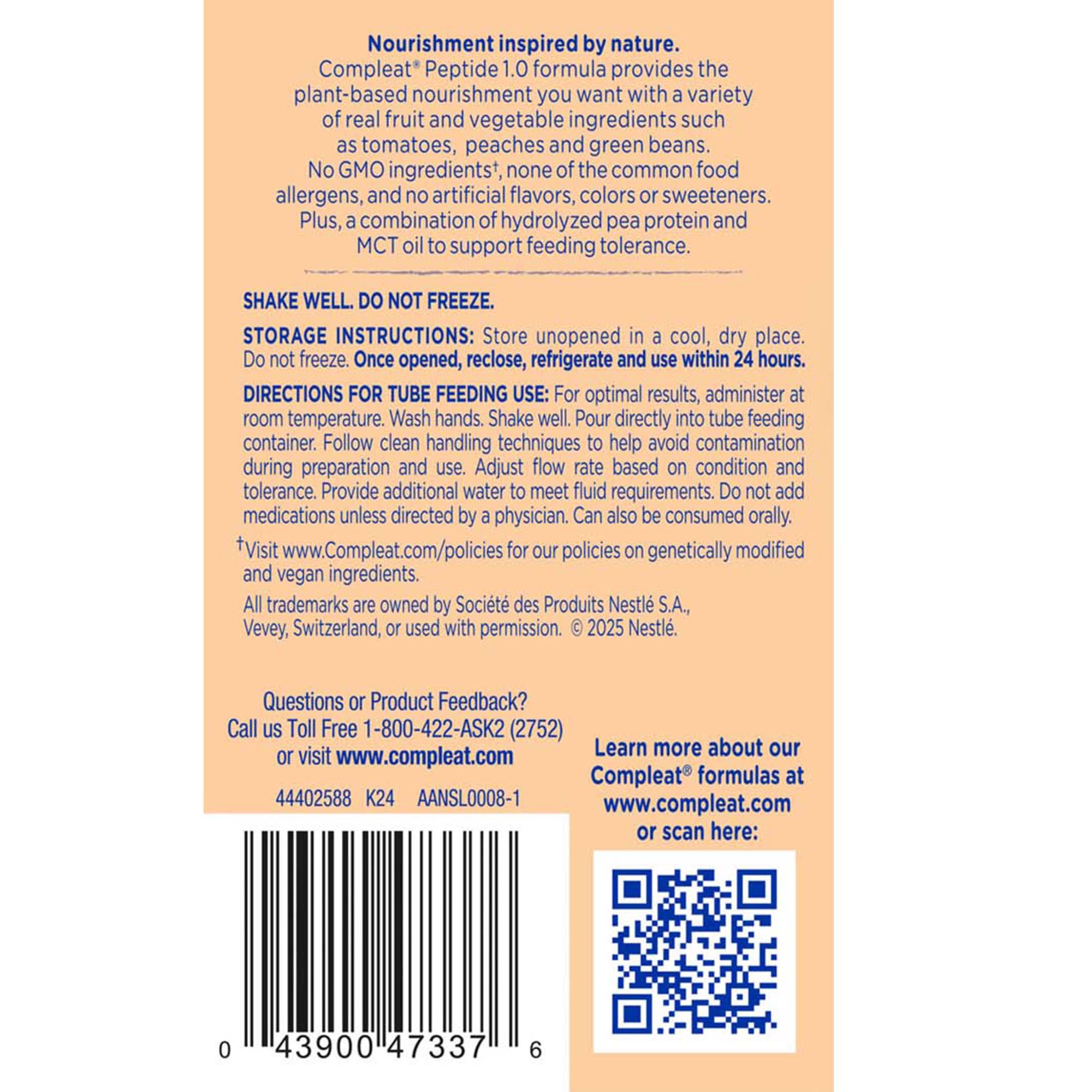 Nestle Healthcare Nutrition 00043900836065 - Compleat® Peptide 1.0 Nutritionally Complete Tube Feeding Formula - 1/Each, 24/Case