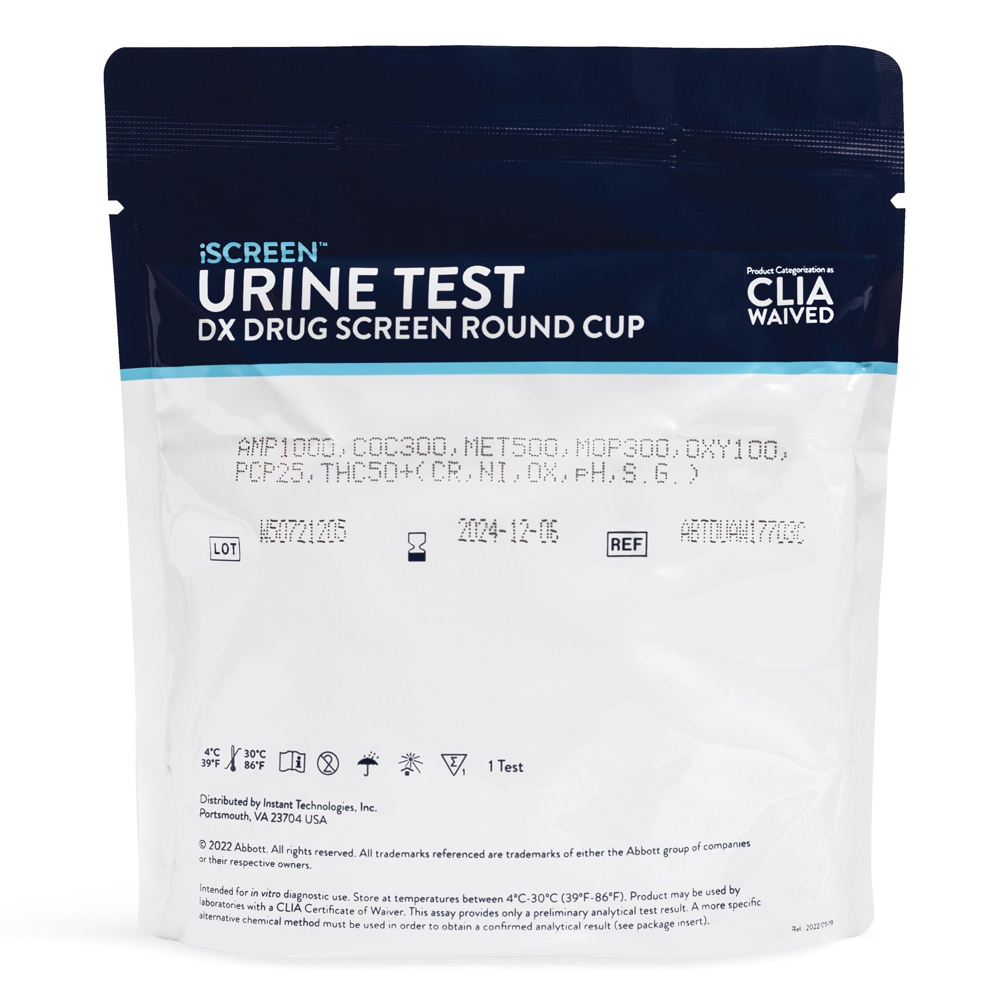 Abbott Rapid Dx North America LLC - ABTDUAW114702B Drugs of Abuse Test Kit iScreen® DX AMP, BAR, BUP, BZO, COC, mAMP/MET, MDMA, MTD, MOP/OPI300, OXY, PCP, PPX, TCA, THC, (CR, pH, SG) 25 Tests CLIA Waived