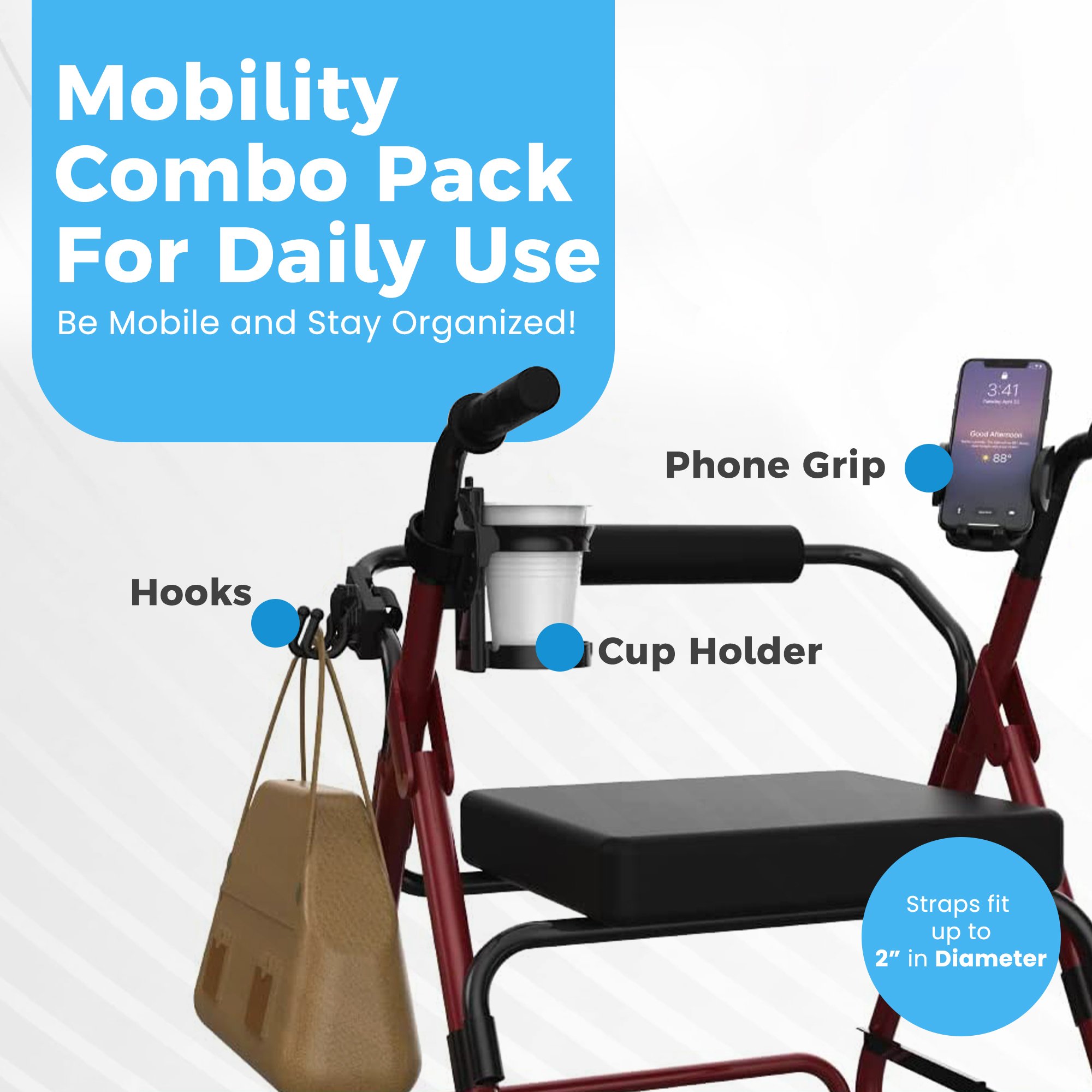 Easy To Use Products LLC 760 - Mobility Aid Combo Pack, Cup Holder, Phone Grip, Bag Hooks - 1/Each, 16/Case