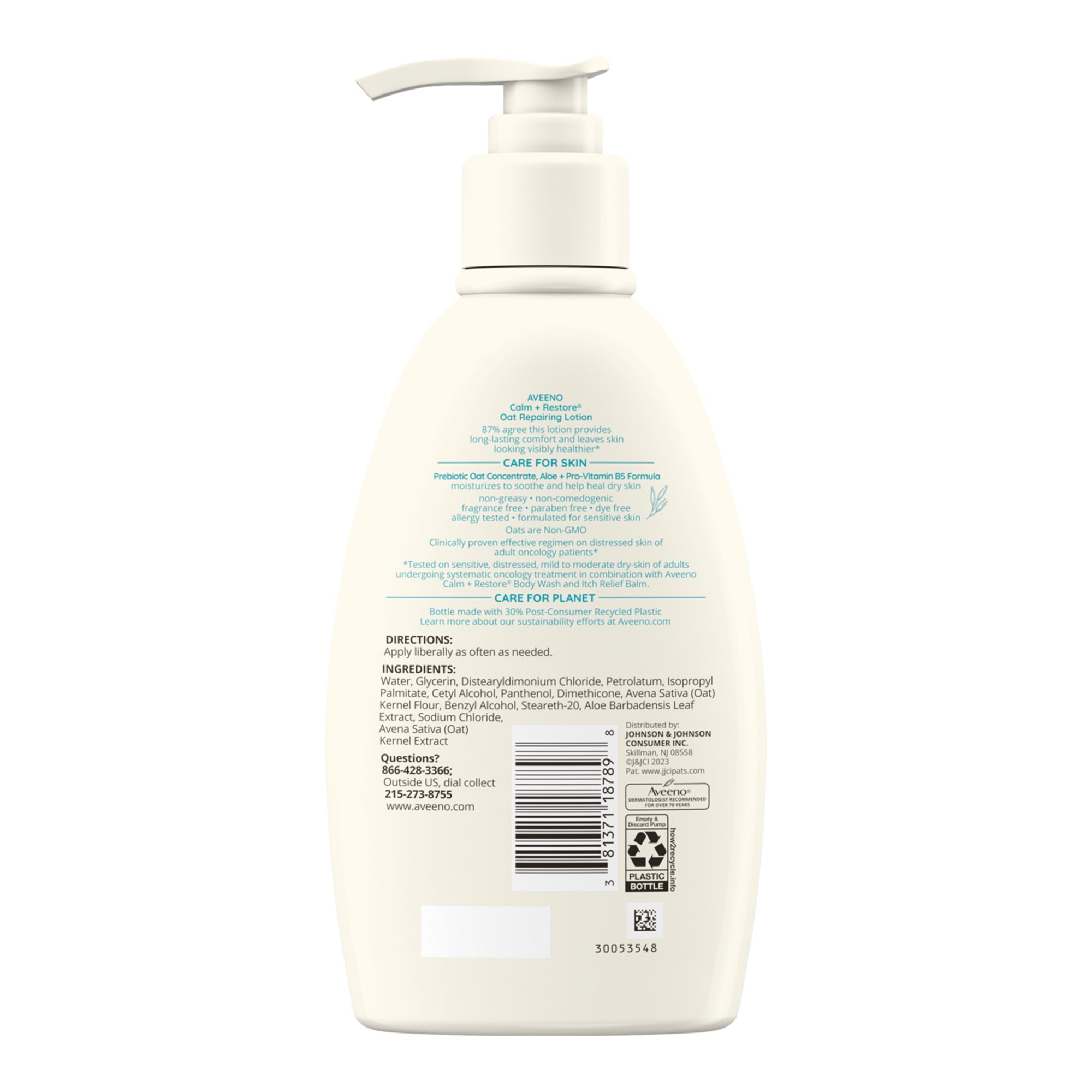J & J Sales 38137118789 - Aveeno® Calm + Restore Oat Repairing Lotion Fragrance Free, 12-ounce Pump Bottle - 1/Each