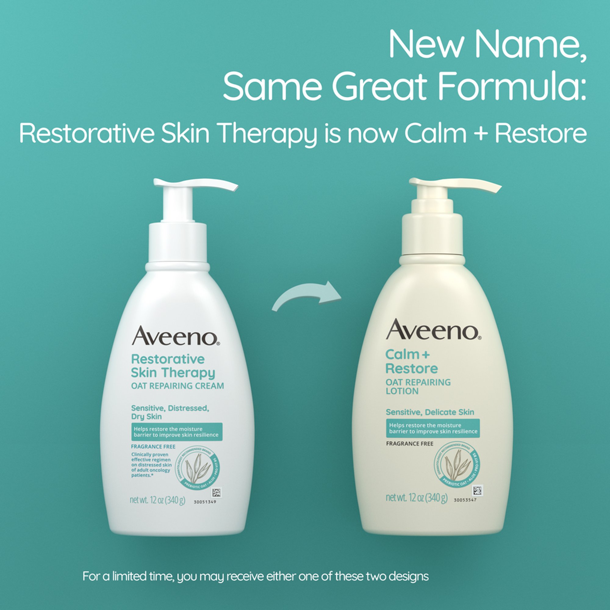 J & J Sales 38137118789 - Aveeno® Calm + Restore Oat Repairing Lotion Fragrance Free, 12-ounce Pump Bottle - 1/Each