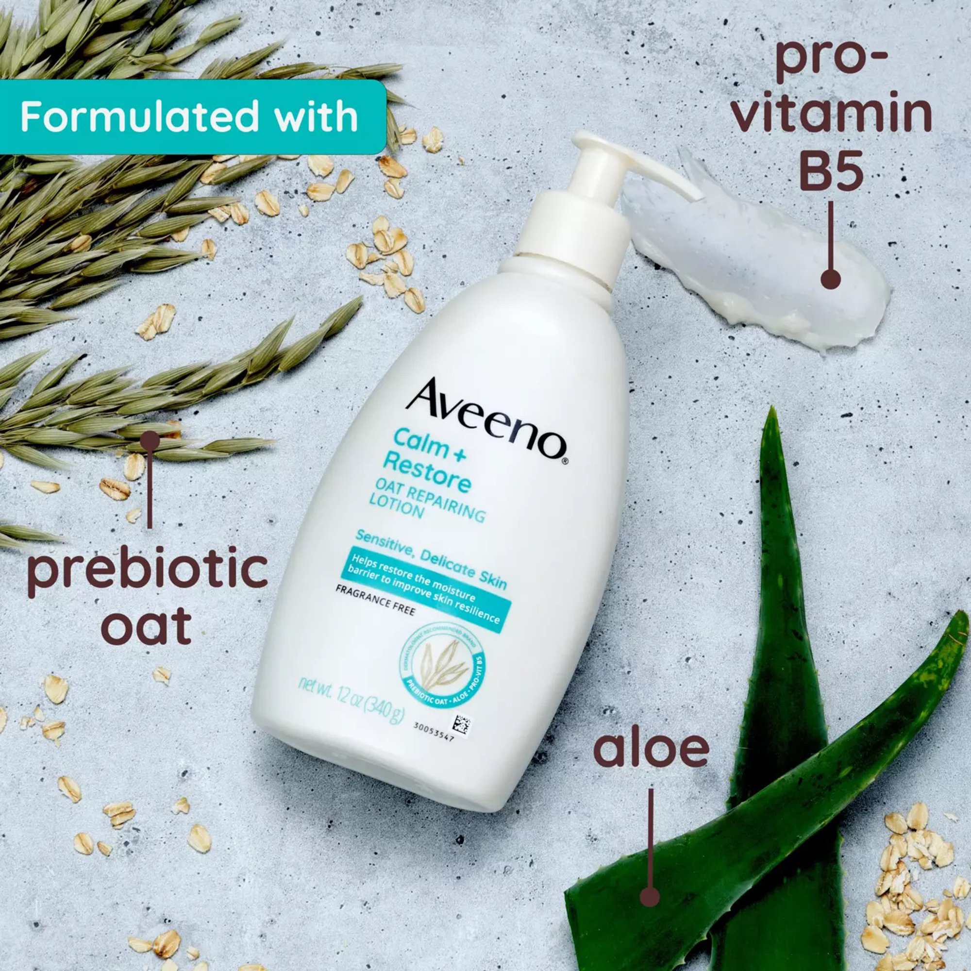 J & J Sales 38137118789 - Aveeno® Calm + Restore Oat Repairing Lotion Fragrance Free, 12-ounce Pump Bottle - 1/Each