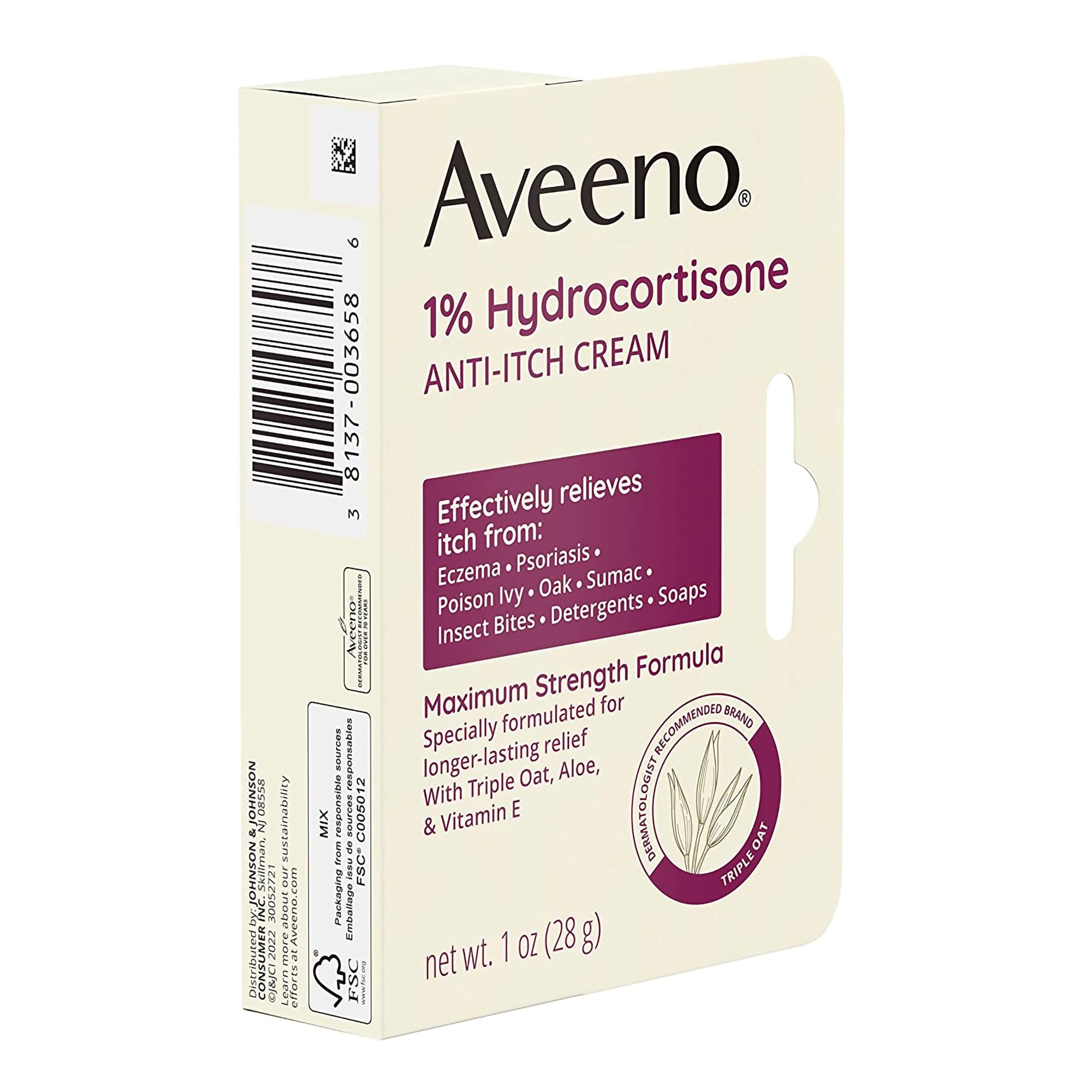J & J Sales 38137003658 - Aveeno® Active Naturals 1% Hydrocortisone Anti-Itch Cream, Maximum Strength - 1/Each