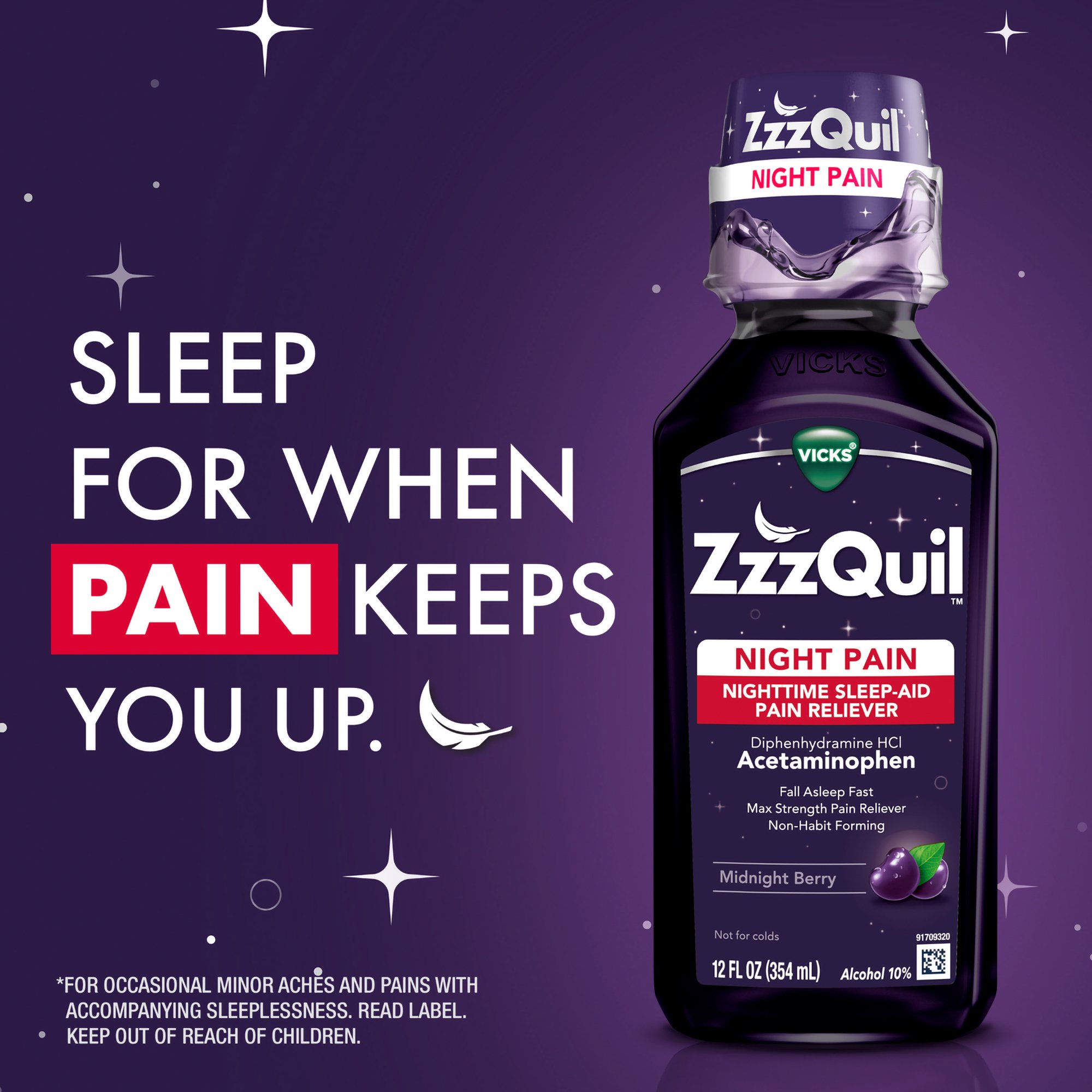 Procter & Gamble 32390004089 - ZzzQuil Night Pain Nighttime Sleep-Aid Pain Reliever Liquid, Midnight Berry - 1/Each