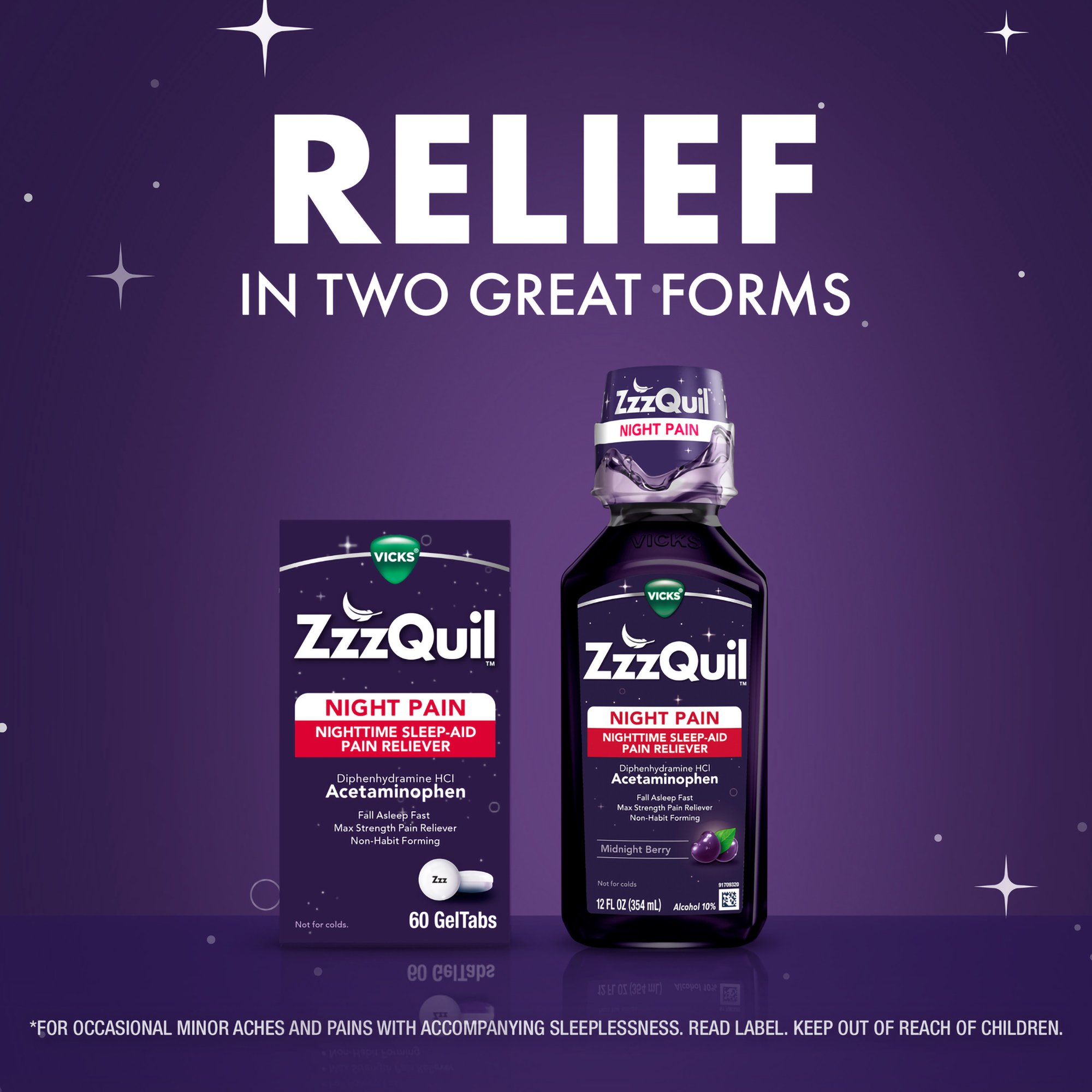 Procter & Gamble 32390004089 - ZzzQuil Night Pain Nighttime Sleep-Aid Pain Reliever Liquid, Midnight Berry - 1/Each