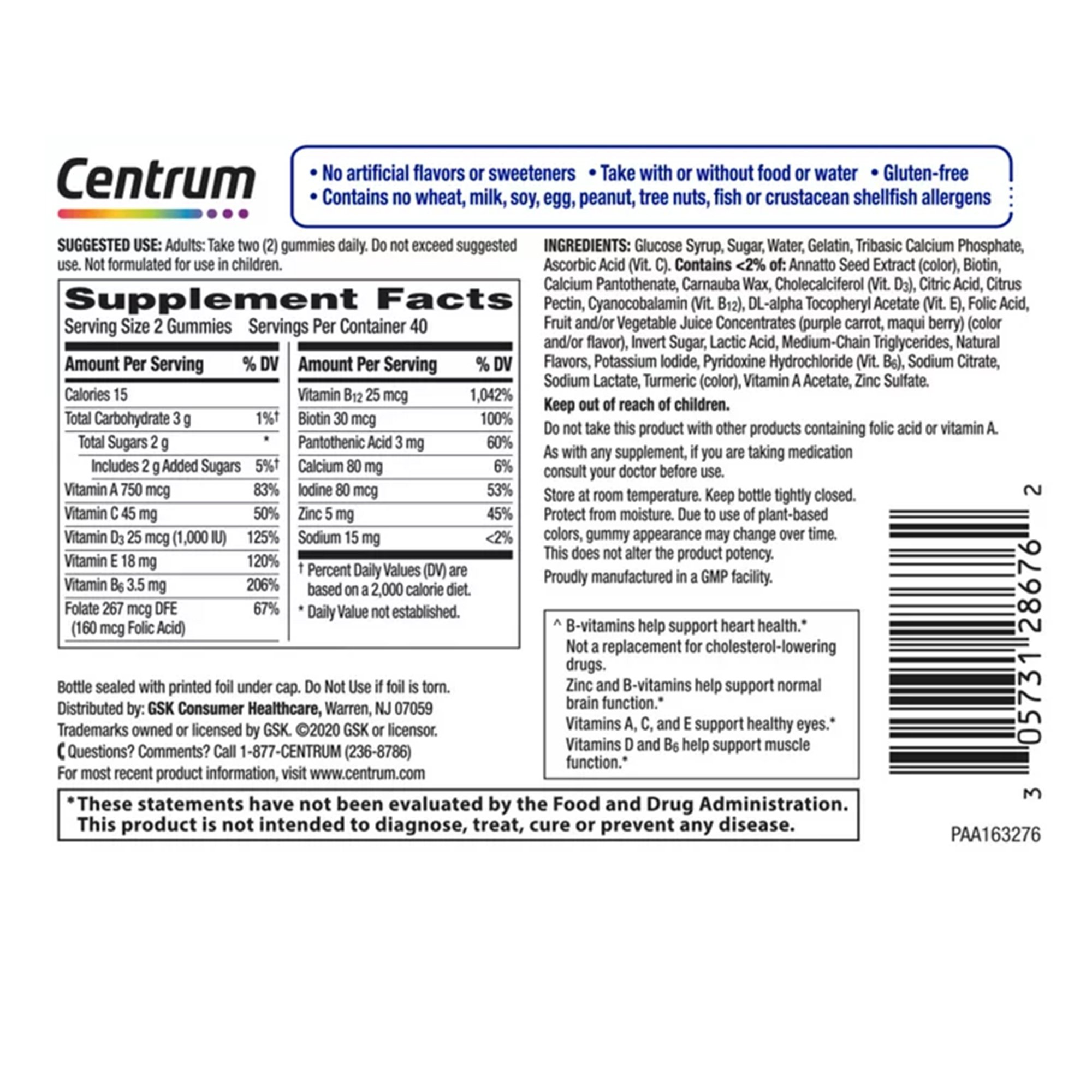 Glaxo Consumer Products 30573128676 - Centrum Men 50+ MultiGummies Assorted Natural Fruit Flavors - 1/Bottle