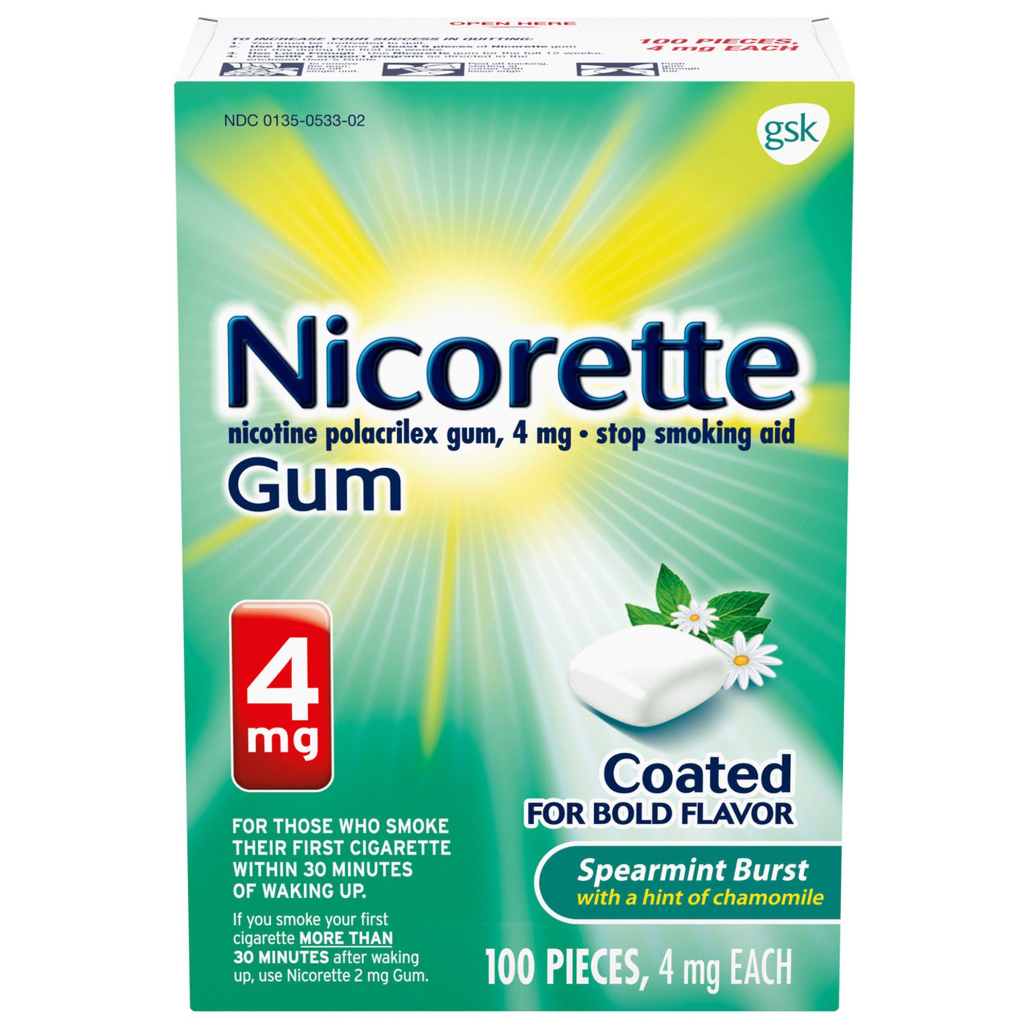 Glaxo Consumer Products - 00135053302 Nicorette Stop Smoking Aid Gum 4 mg Spearmint Burst with a Hint of Chamomile