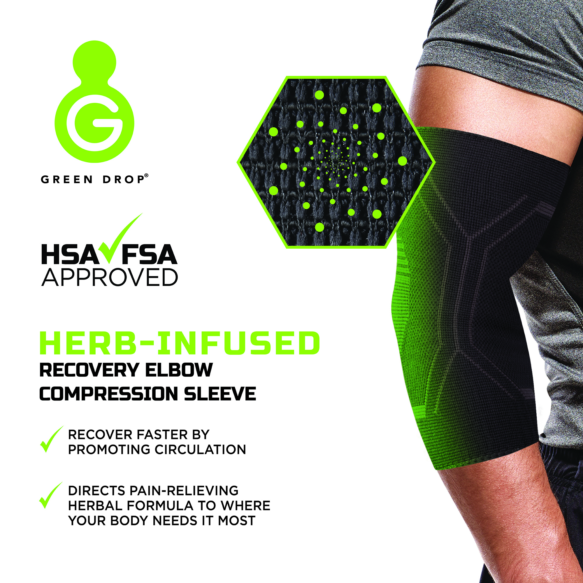 Green Drop Compression LLC ELB-1450 - Green Drop™ Infused Compression Sleeve Elbow Support, Small/Medium - 1/Each, 48/Case