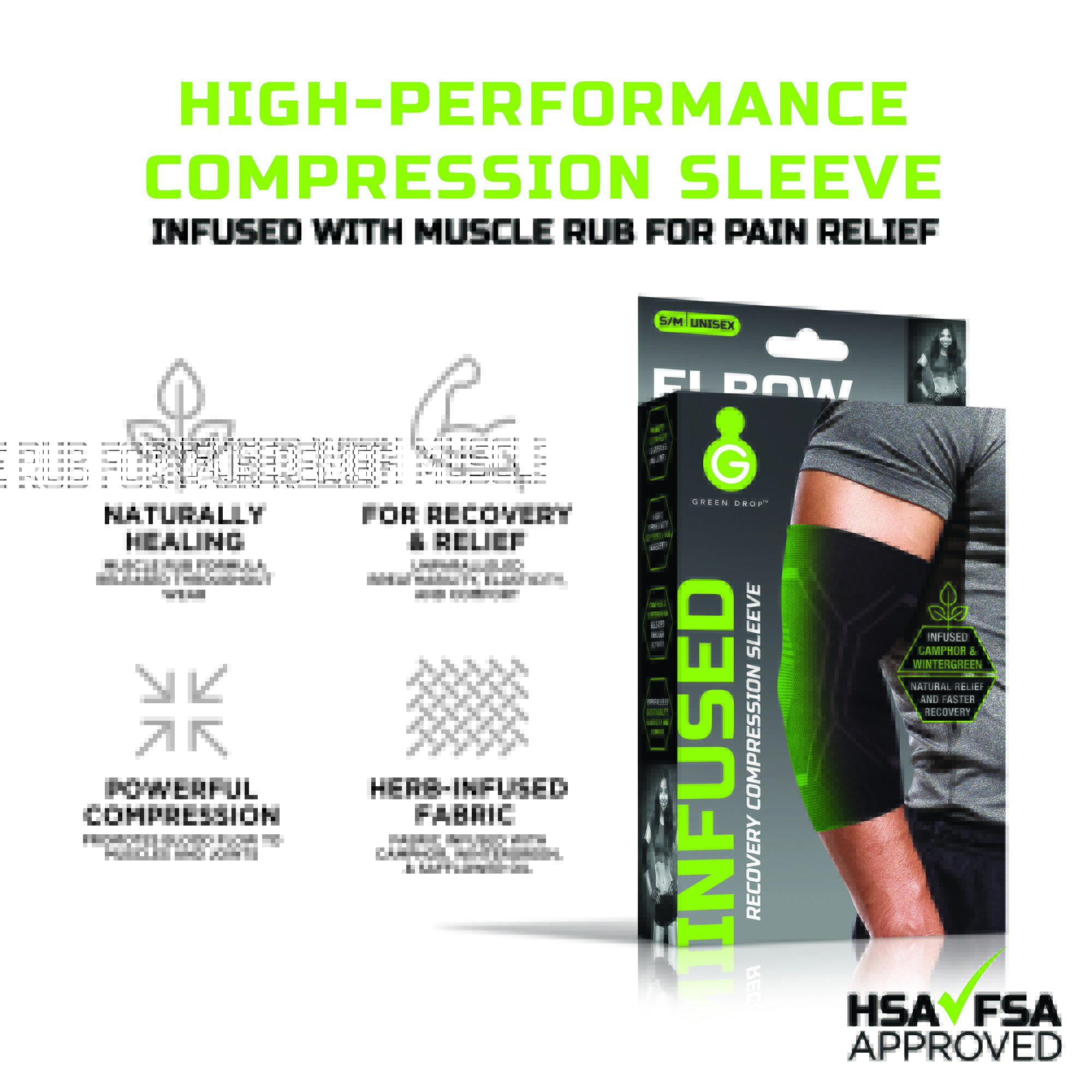 Green Drop Compression LLC ELB-1450 - Green Drop™ Infused Compression Sleeve Elbow Support, Small/Medium - 1/Each, 48/Case