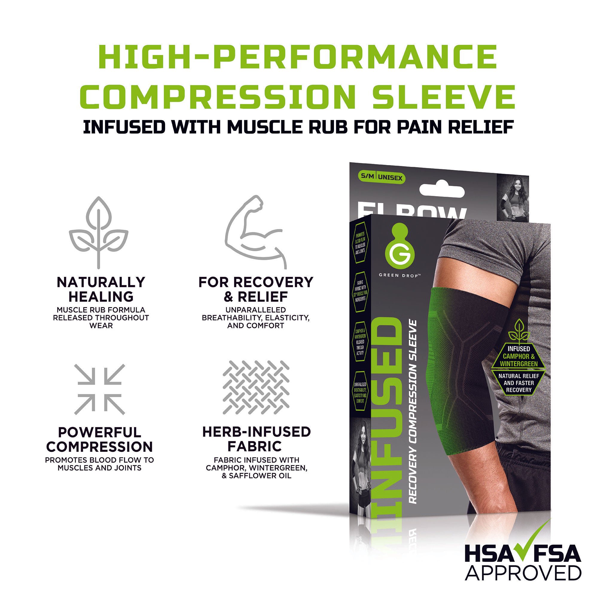 Green Drop Compression LLC - ELB-1450 Green Drop™ Infused Compression Sleeve Elbow Support