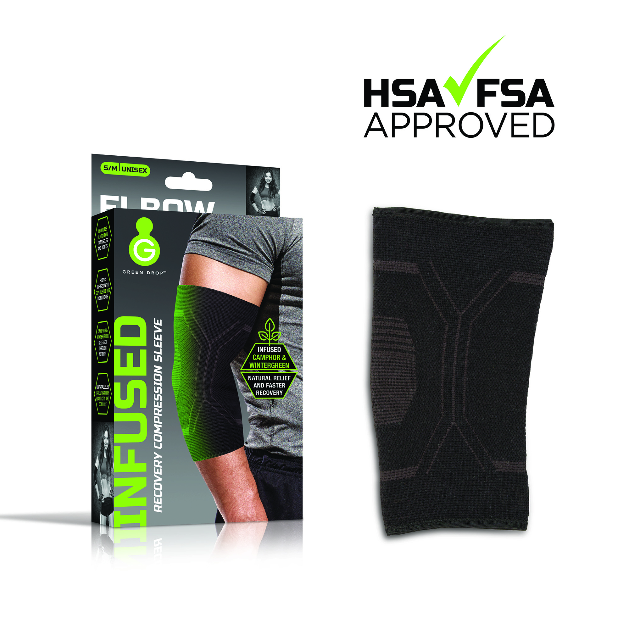 Green Drop Compression LLC ELB-1450 - Green Drop™ Infused Compression Sleeve Elbow Support, Small/Medium - 1/Each, 48/Case