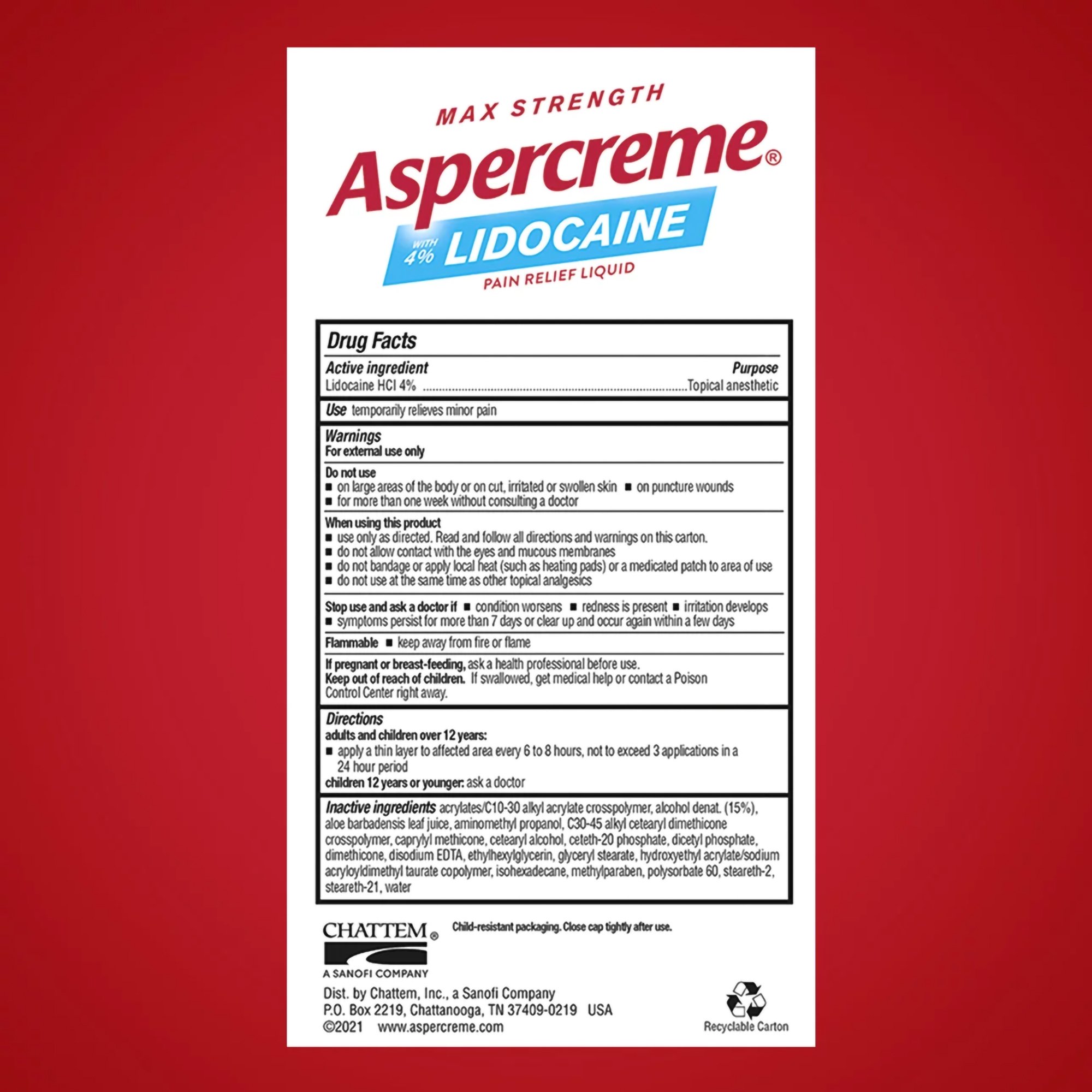 Sanofi 04116705810 - Aspercreme with 4% Lidocaine Pain Relief Liquid, Fragrance-Free - 1/Each