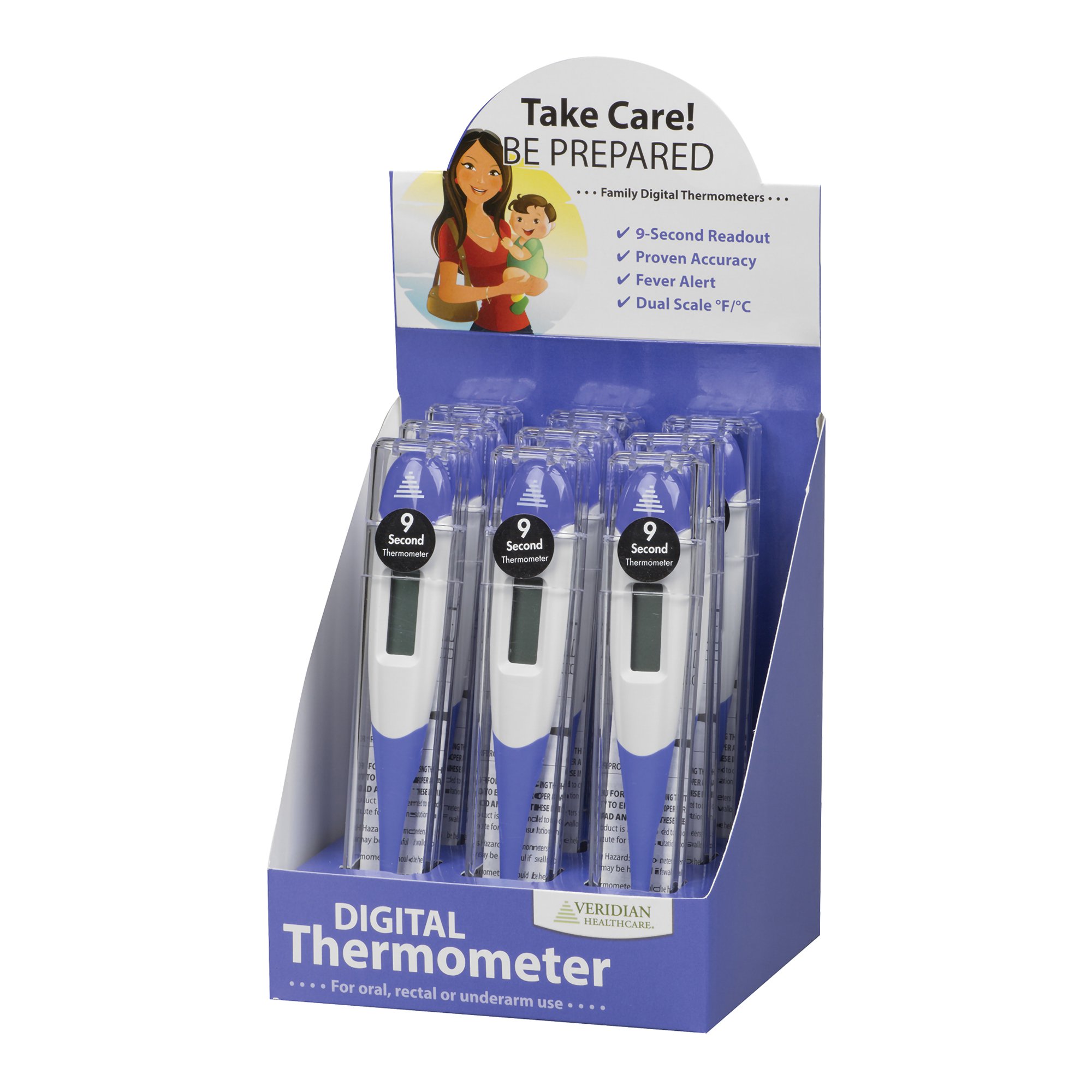 Veridian Healthcare LLC 08-359-9 - Veridian Nine-Piece 9-Second FLEX-TIP Digital Thermometers with Display - 1/Each, 9/Box, 216/Case