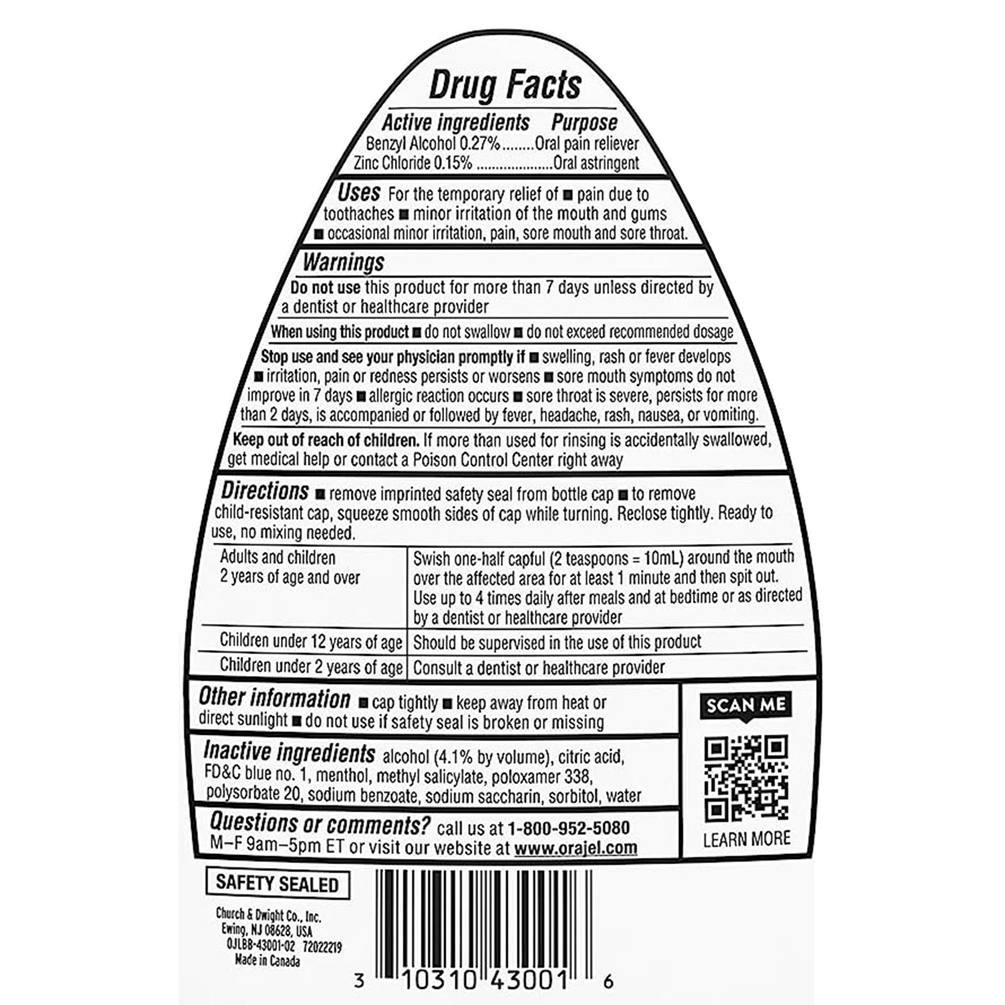 Church and Dwight 31031043001 - Orajel™ for Toothache Analgesic and Astringent Rinse Soothing Mint - 1/Each