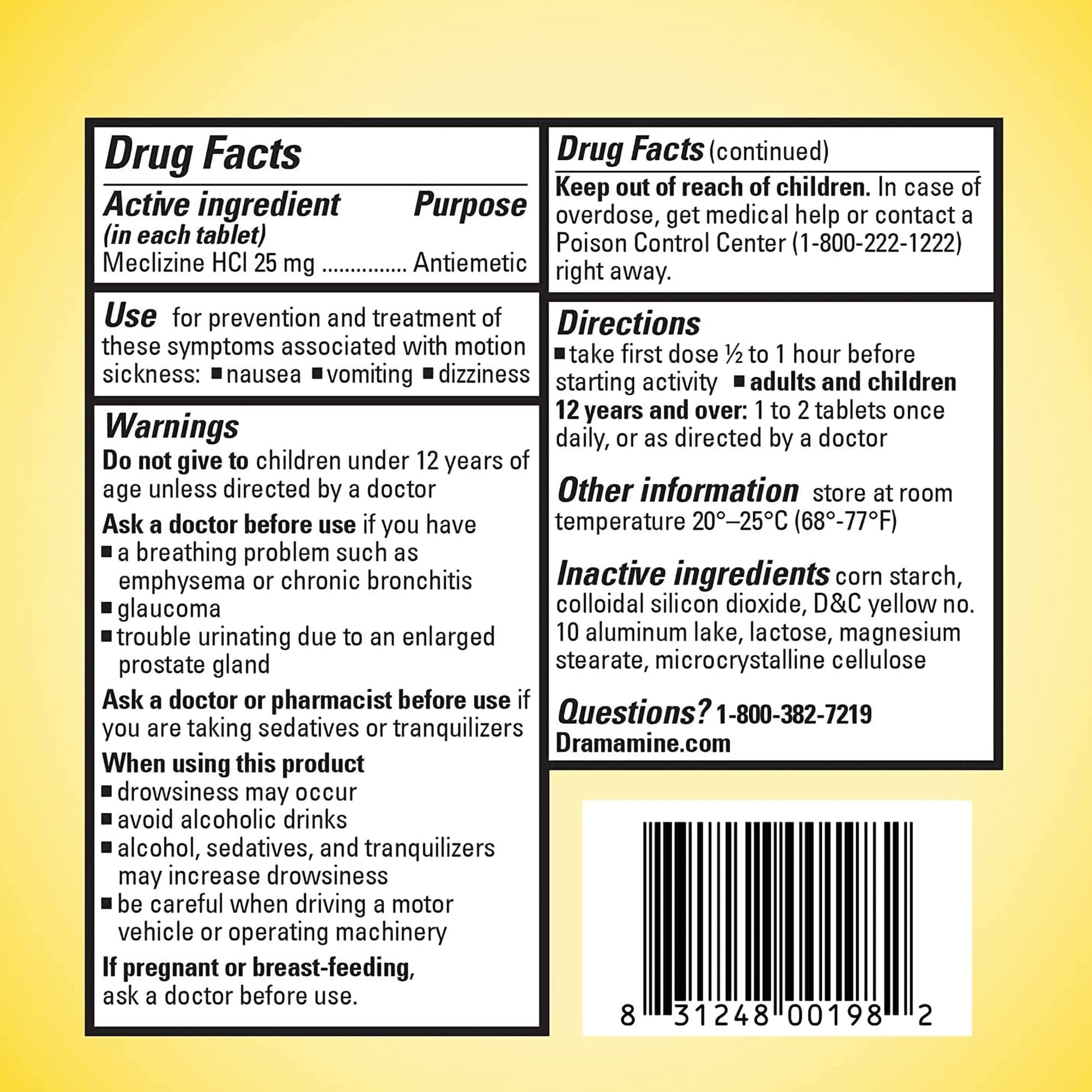 Prestige Medical 83124800198 - Dramamine® Motion Sickness Meclizine Antiemetic Less Drowsy Tablets - 8/Box