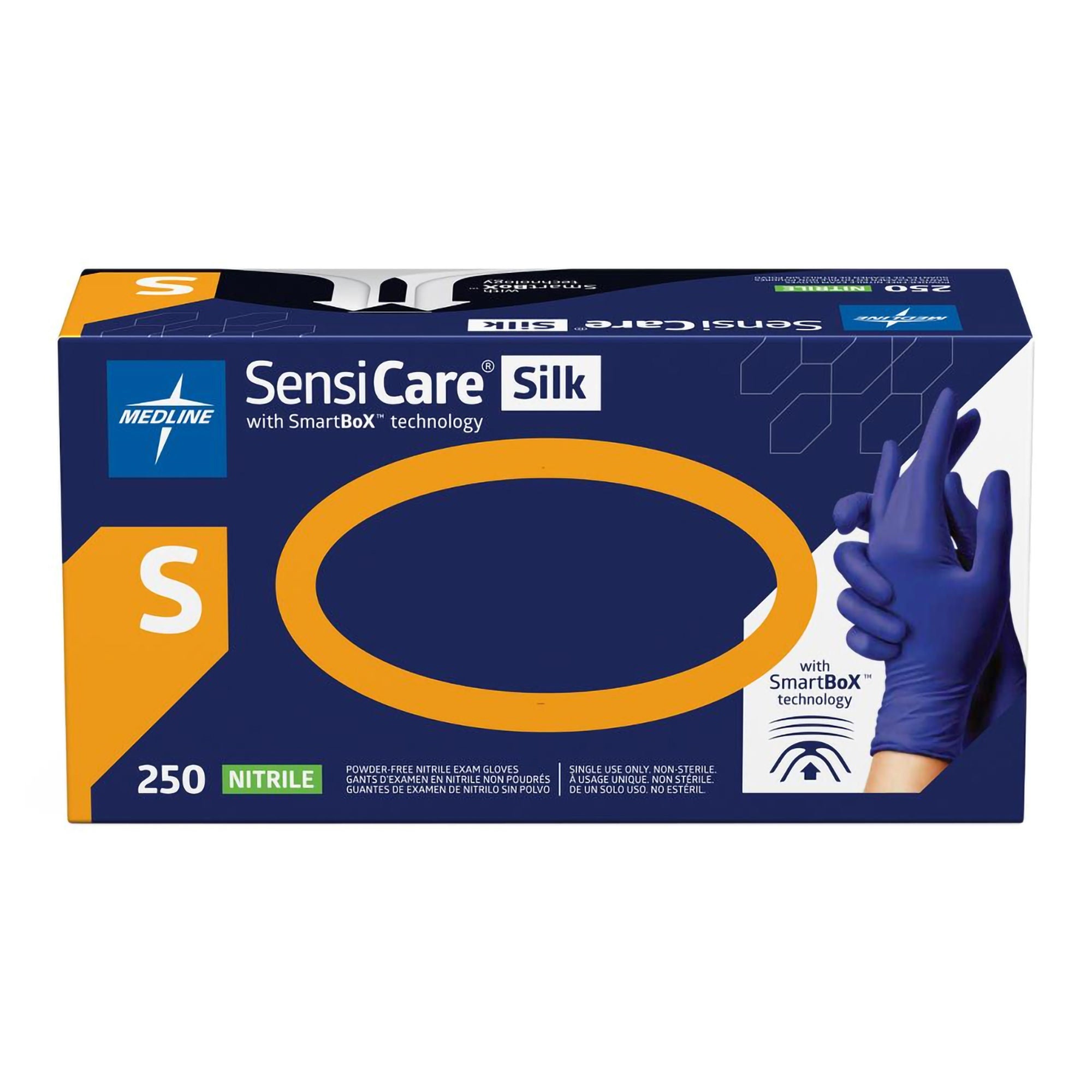 Medline - MDSXB7584 Exam Glove SensiCare® Silk Small 250 per Box NonSterile Nitrile Standard Cuff Length Textured Fingertips Dark Blue Chemo Tested