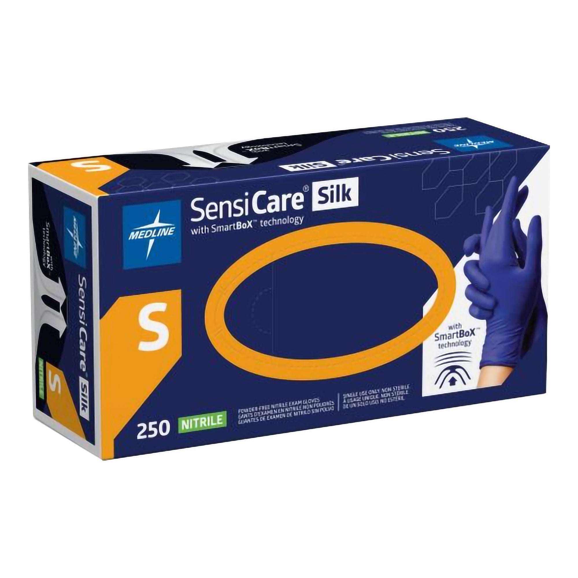 Medline - MDSXB7584 Exam Glove SensiCare® Silk Small 250 per Box NonSterile Nitrile Standard Cuff Length Textured Fingertips Dark Blue Chemo Tested