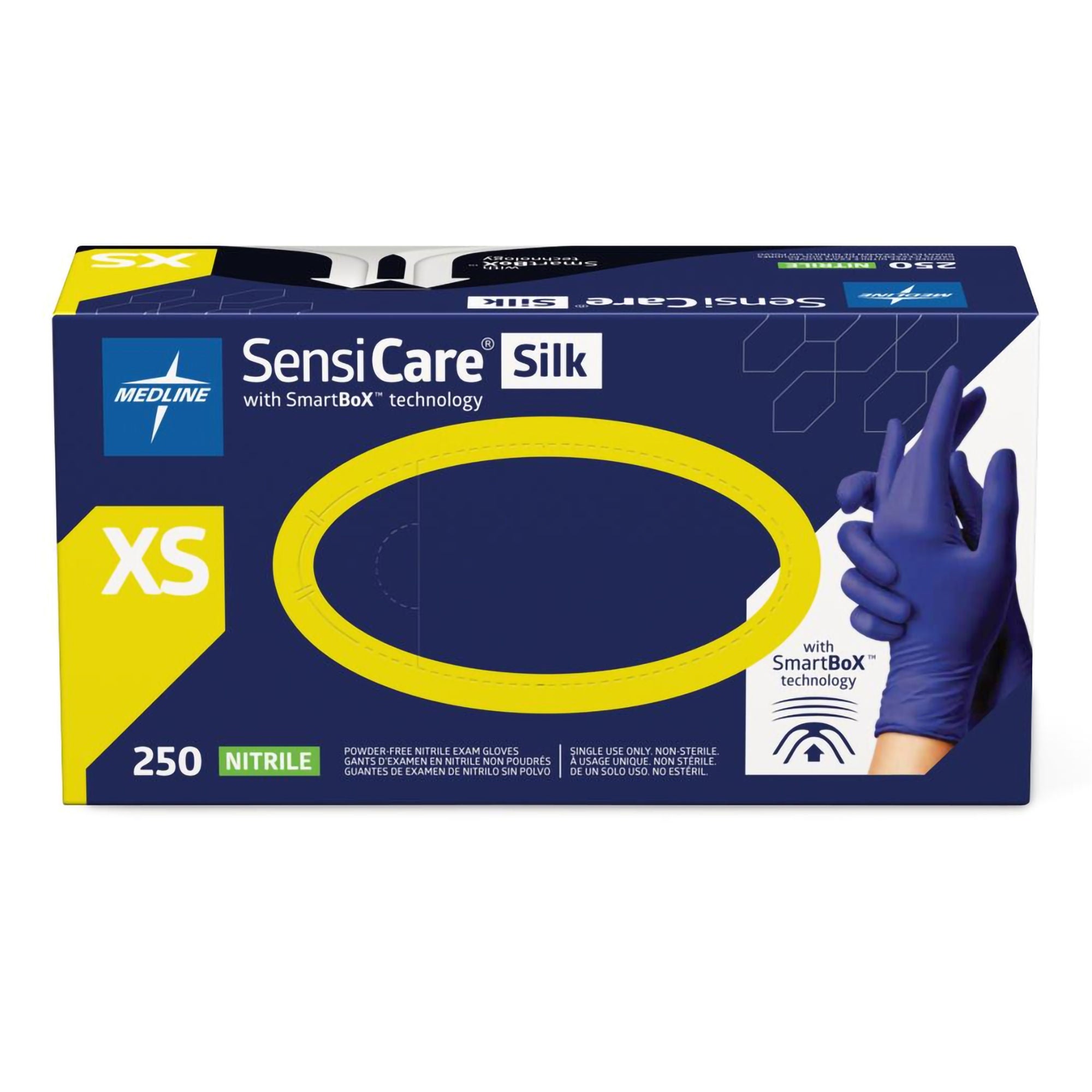 Medline - MDSXB7583 Exam Glove SensiCare® Silk X-Small 250 per Box NonSterile Nitrile Standard Cuff Length Textured Fingertips Dark Blue Chemo Tested