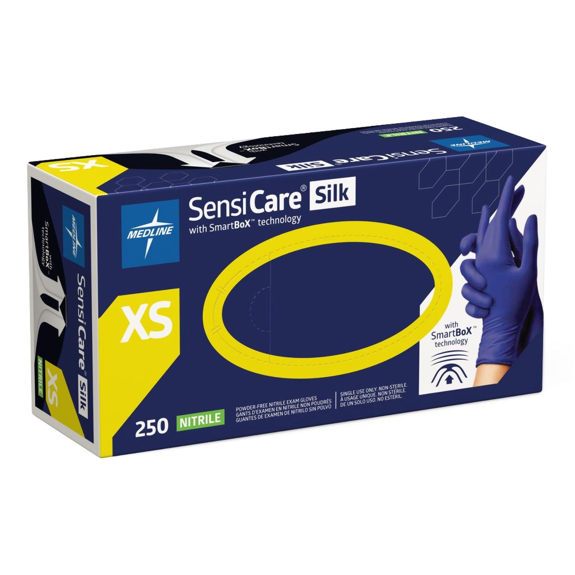 Medline - MDSXB7583 Exam Glove SensiCare® Silk X-Small 250 per Box NonSterile Nitrile Standard Cuff Length Textured Fingertips Dark Blue Chemo Tested