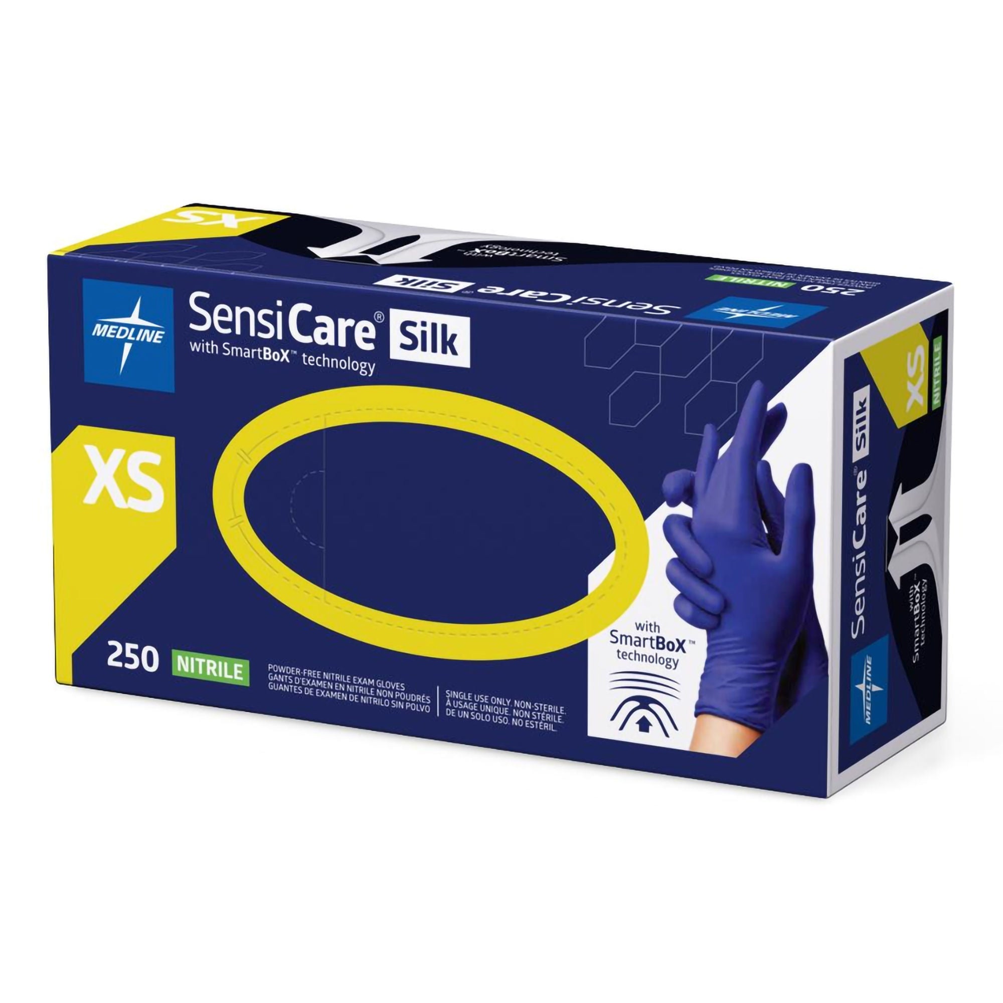 Medline - MDSXB7583 Exam Glove SensiCare® Silk X-Small 250 per Box NonSterile Nitrile Standard Cuff Length Textured Fingertips Dark Blue Chemo Tested