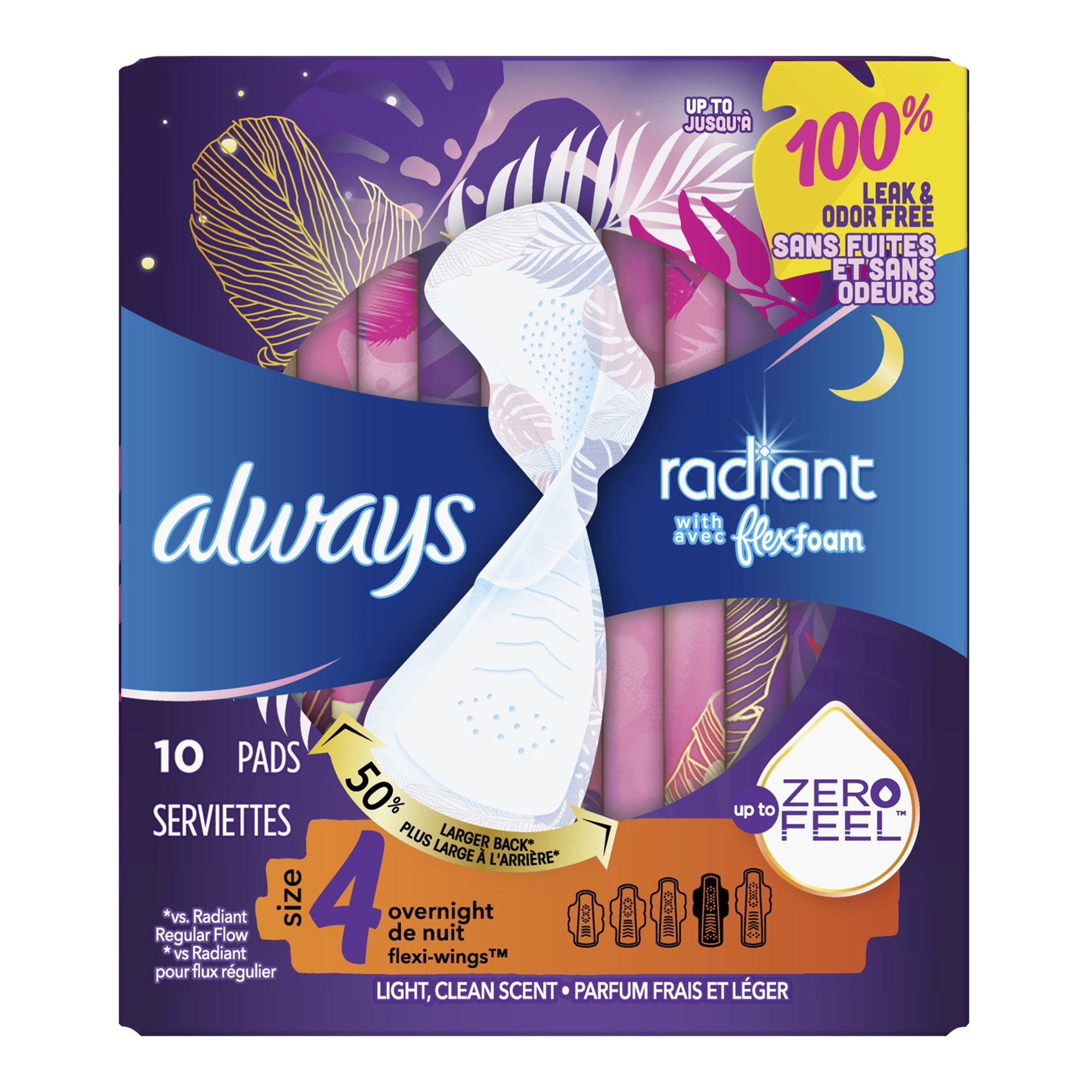 Procter & Gamble 03700081811 - Always® Radiant Overnight Pads, Size 4 - 10/Box