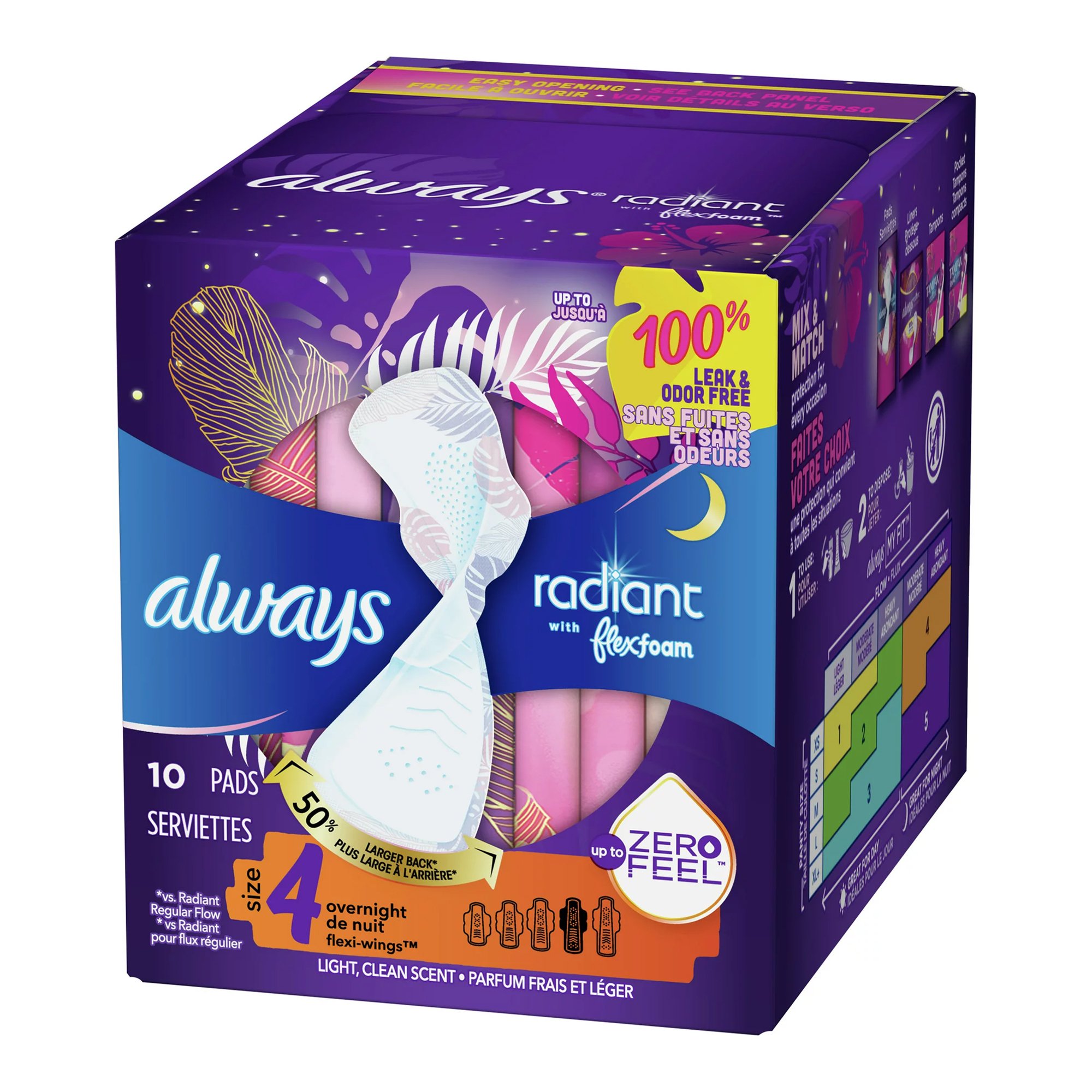 Procter & Gamble 03700081811 - Always® Radiant Overnight Pads, Size 4 - 10/Box