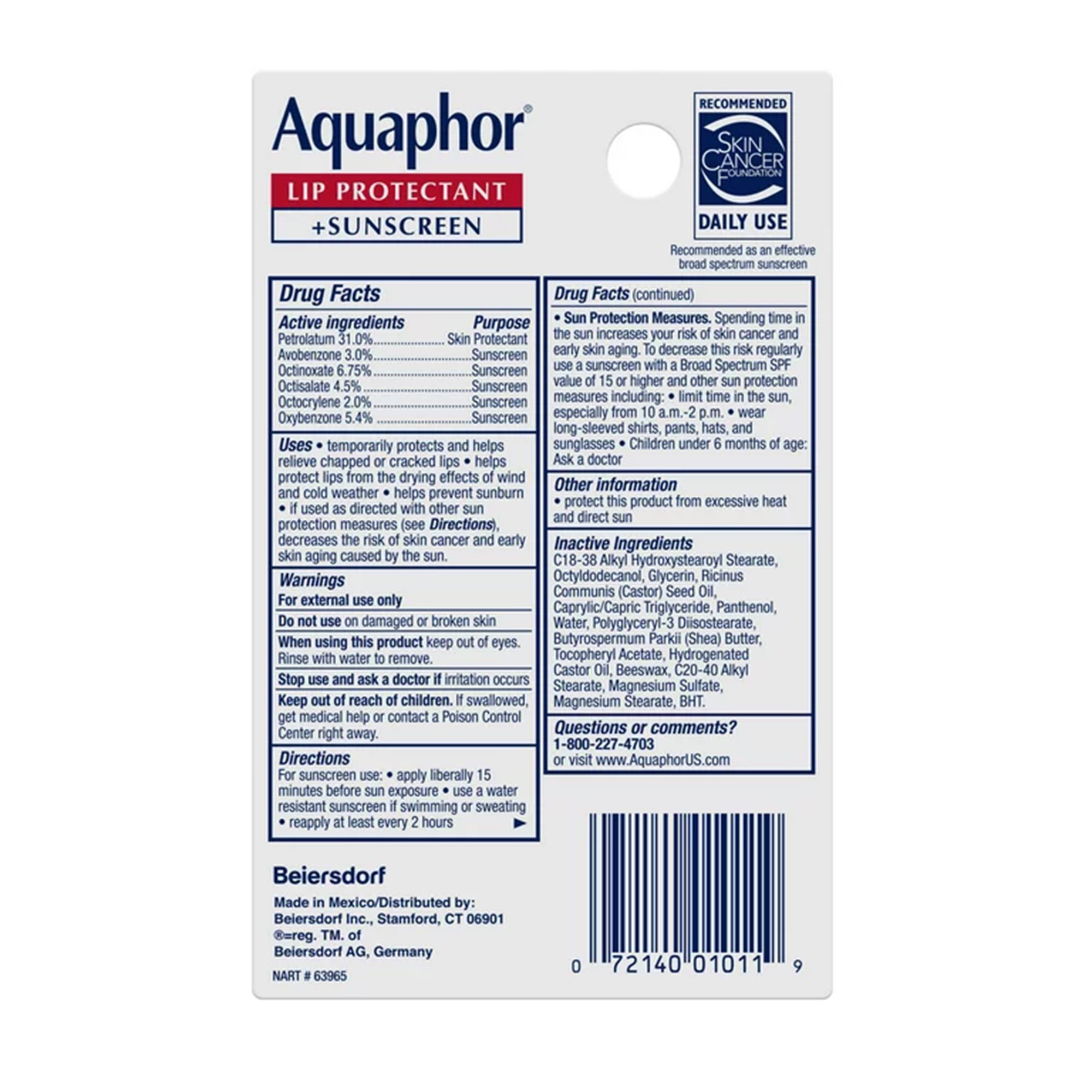 Beiersdorf 07214001011 - Aquaphor® Lip Protectant + SPF 30 - 6/Carton