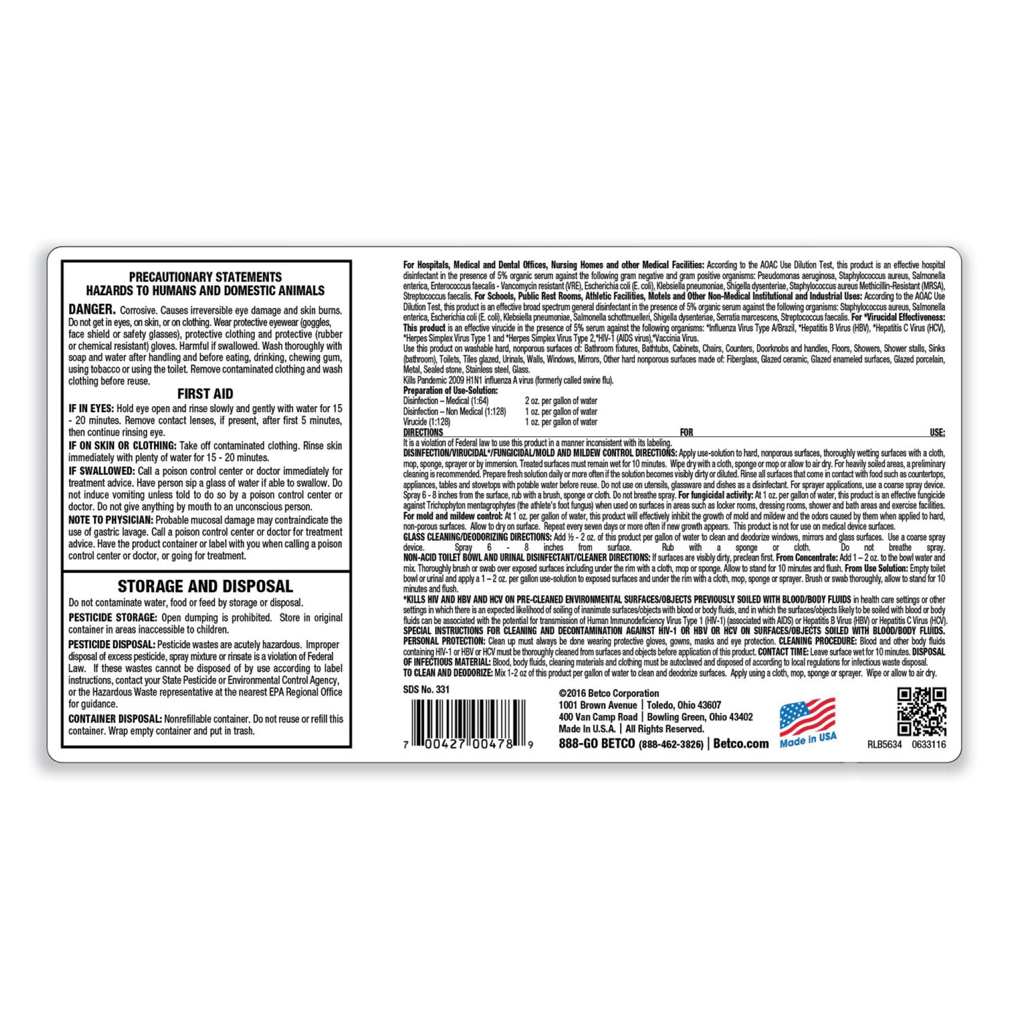 Essendant Co-United Stationers - BET3314700 Surface Disinfectant Cleaner Betco® AF79 Concentrate Nonacidic Manual Pour Liquid Concentrate 2 Liter Jug Ocean Breeze Scent NonSterile