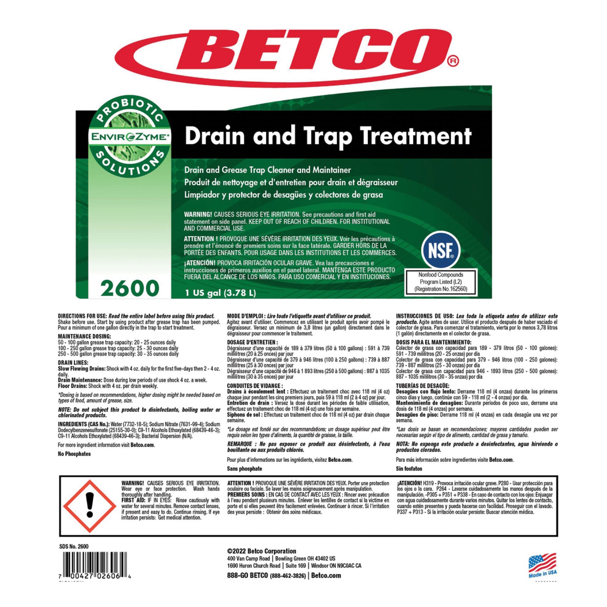 Essendant Co-United Stationers - BET26000400 Drain Cleaner Betco® Drain and Trap Treatment Manual Pour Liquid 1 gal. Jug Ocean Breeze Scent NonSterile