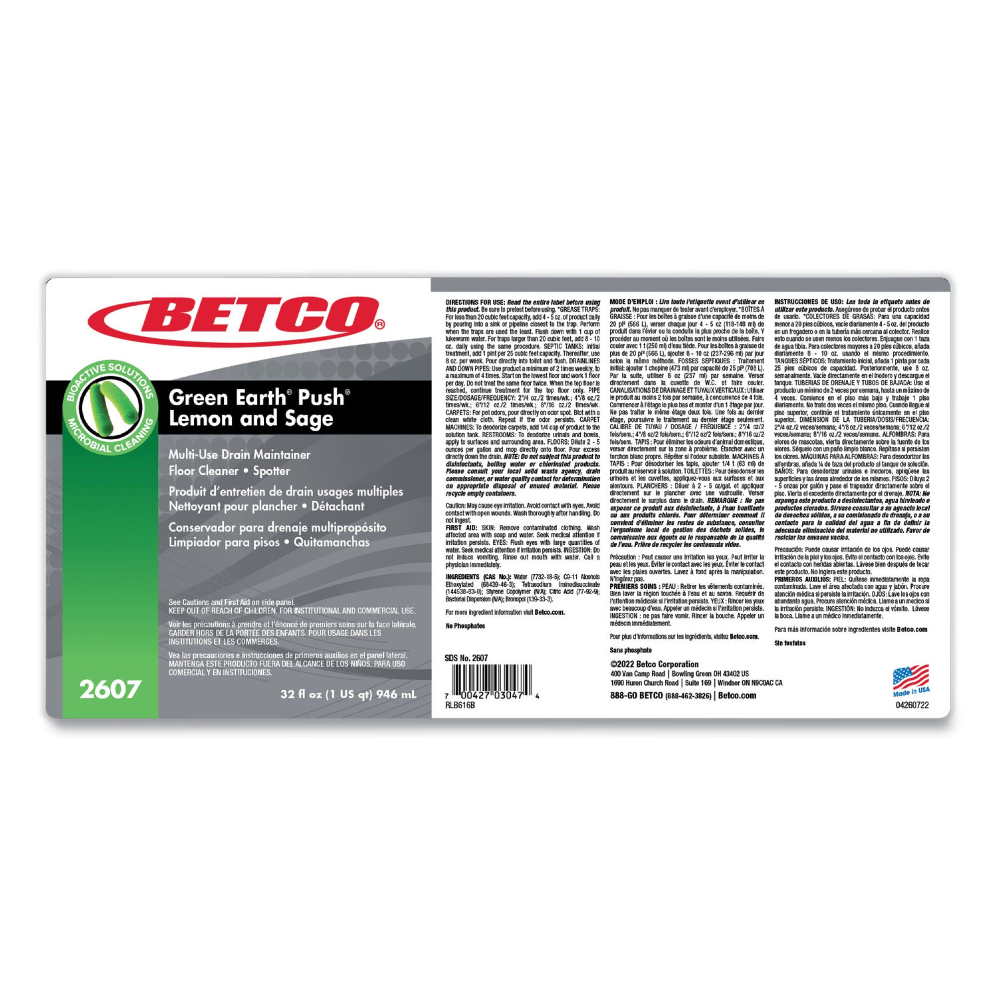Essendant Co-United Stationers - BET26071200 Drain Cleaner Betco® Green Earth Push Alcohol Based Manual Pour Liquid 32 oz. Bottle Lemon Sage Scent NonSterile