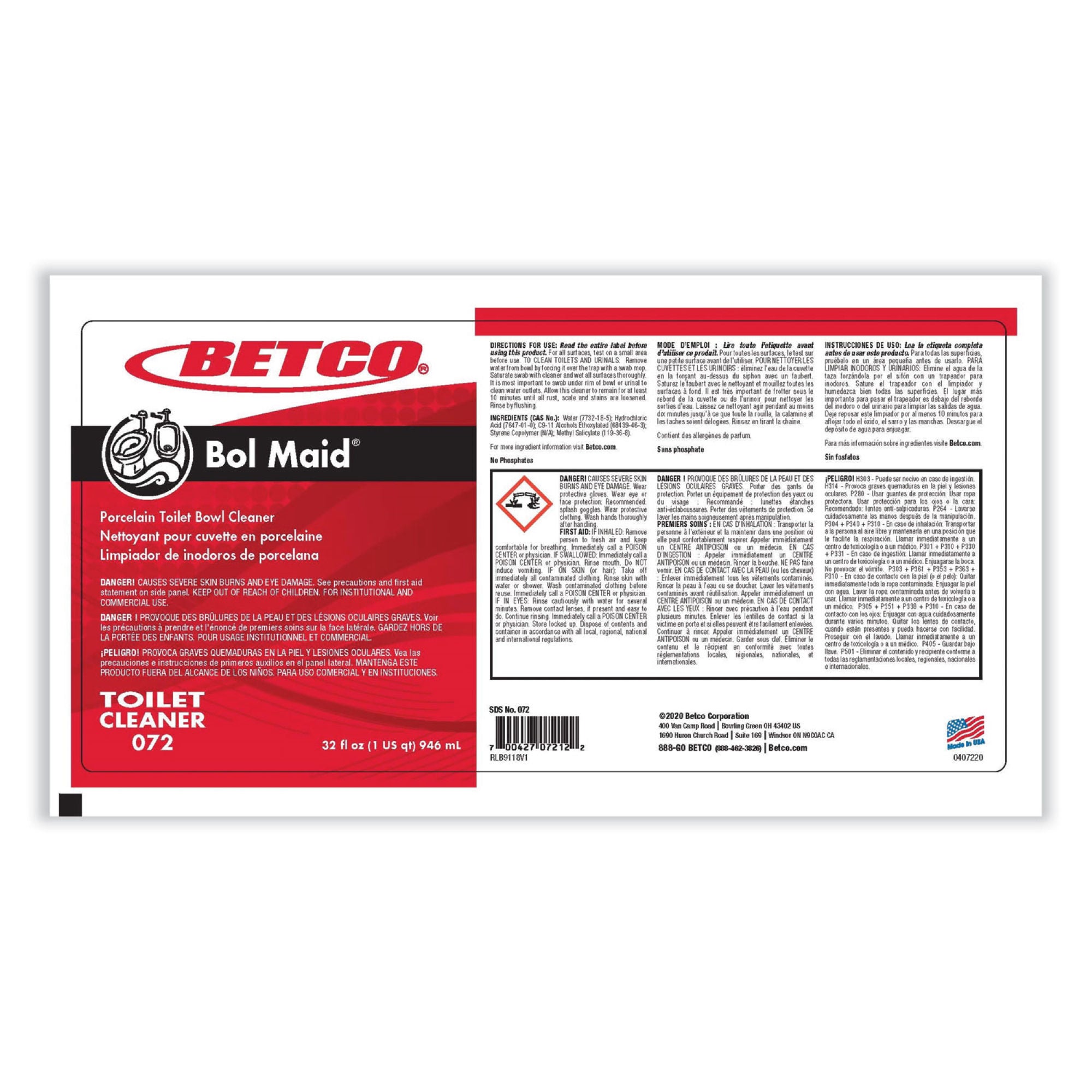 Essendant Co-United Stationers - BET721200 Toilet Bowl Cleaner Betco® Bol Maid™ Acid Based Manual Pour Liquid 32 oz. Bottle Mint Scent NonSterile