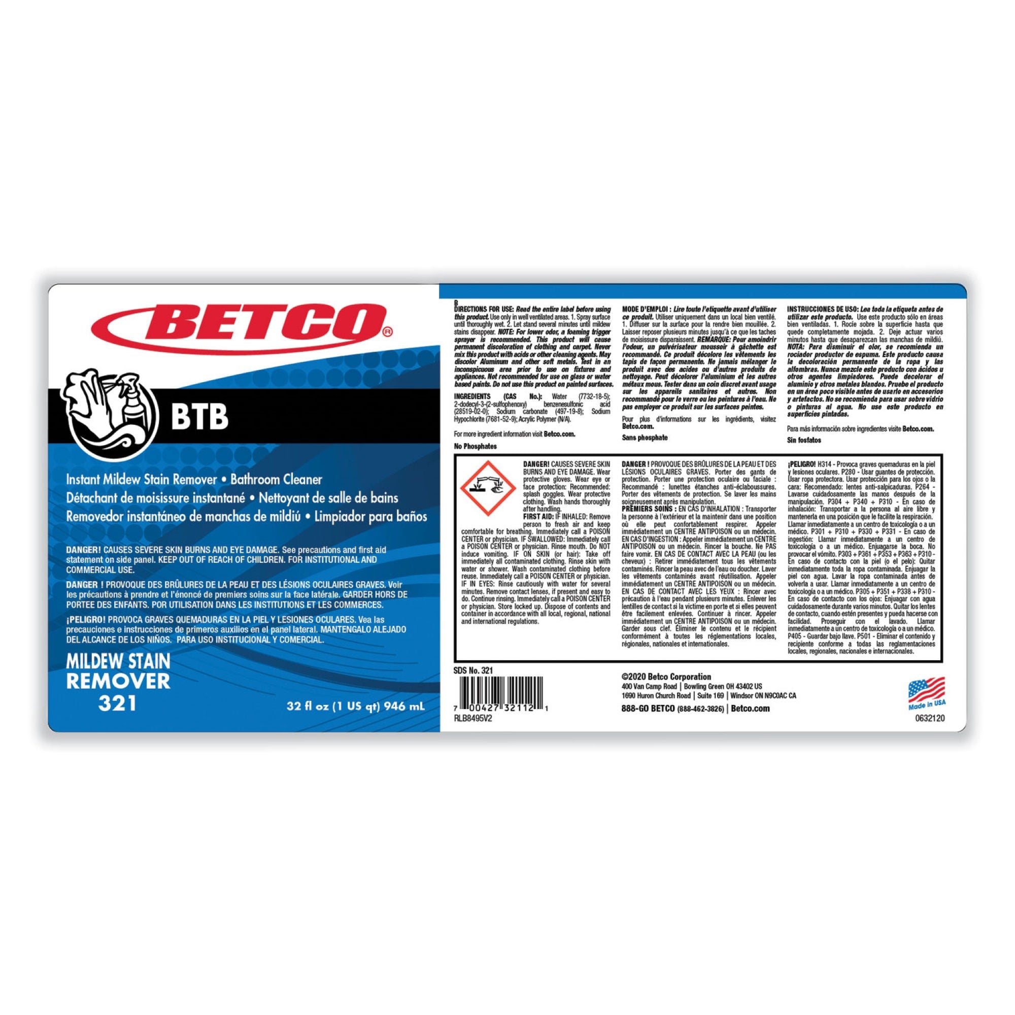 Essendant Co-United Stationers - BET3211200 Surface Cleaner Betco® BTB Instant Mildew Stain Remover Trigger Spray Liquid 32 oz. Bottle Apple Scent NonSterile