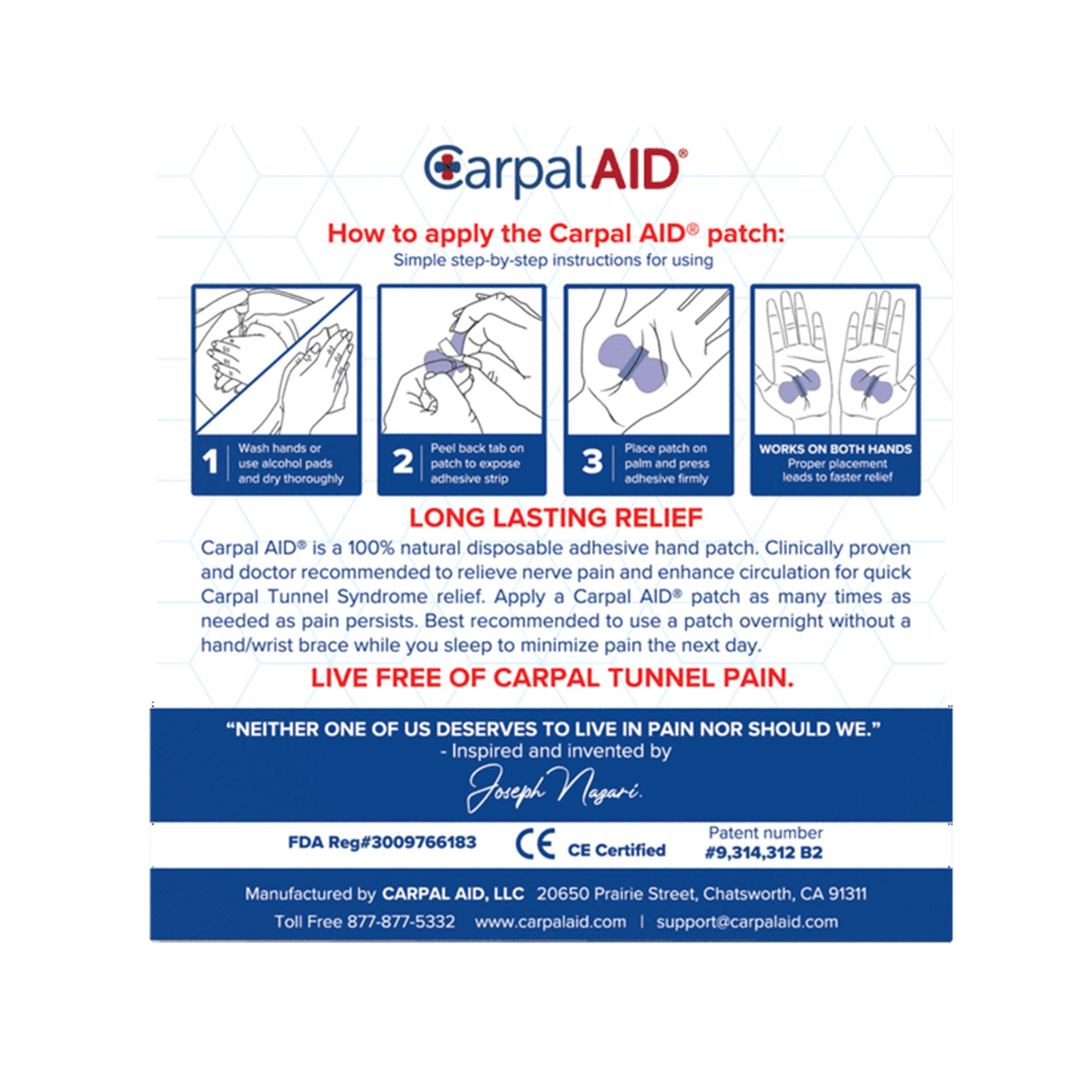 Carpal AID LLC UNI6PK - CarpalAid® Patch Hand-Based Carpal Tunnel Support, One Size Fits Most - 6/Pack, 288/Case